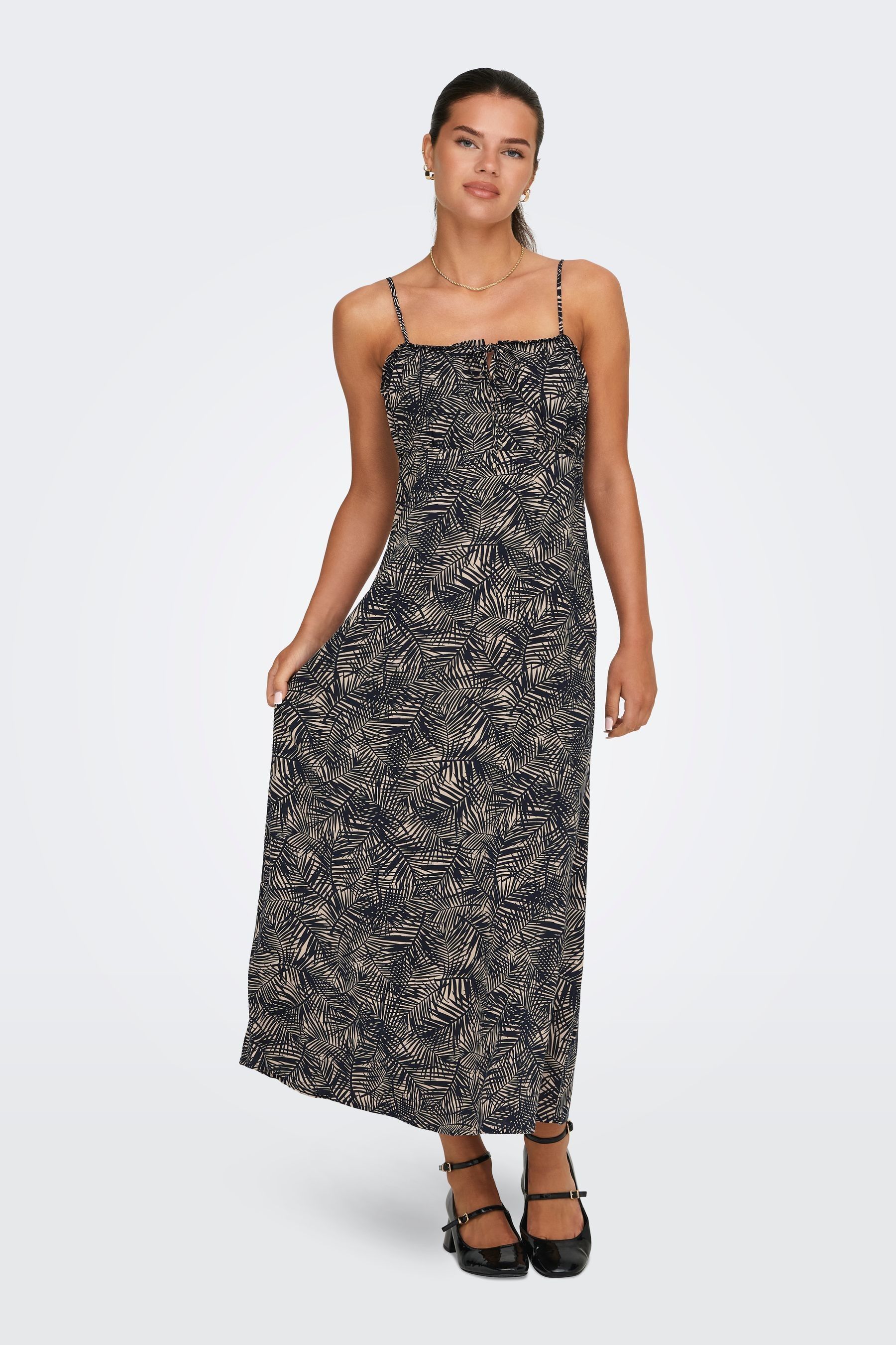 ONLY Blue Palm Print Cami Ruched Midi Dress