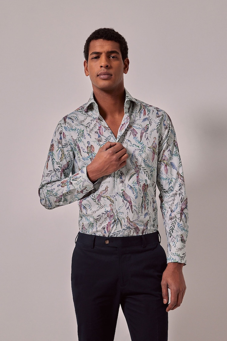 Hawes & Curtis Slim Green High Collar Bird Print 100% Cotton Shirt - Image 1 of 6