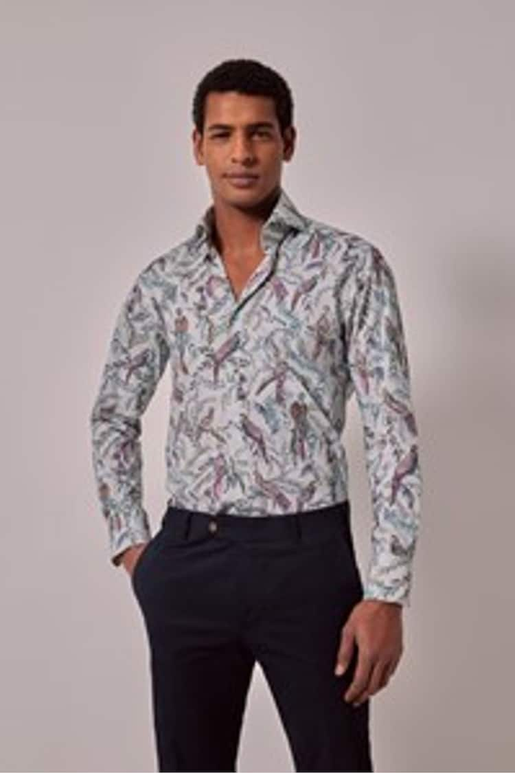 Hawes & Curtis Slim Green High Collar Bird Print 100% Cotton Shirt - Image 2 of 6