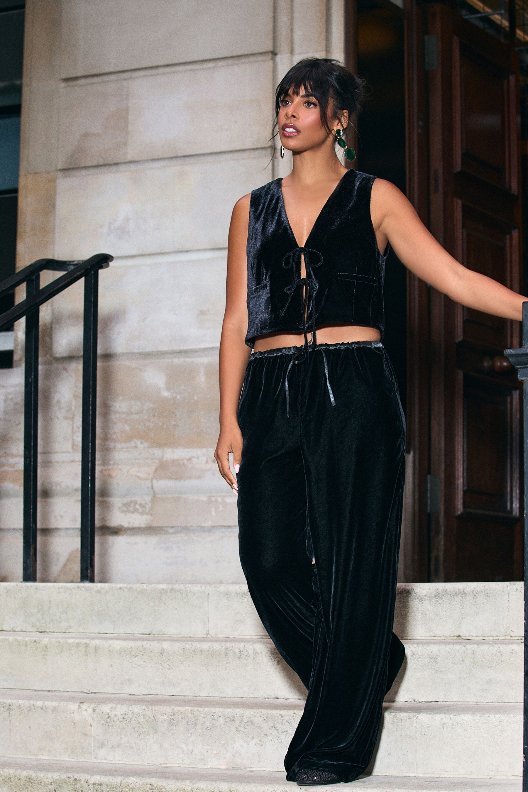 Wide leg black velvet trousers online
