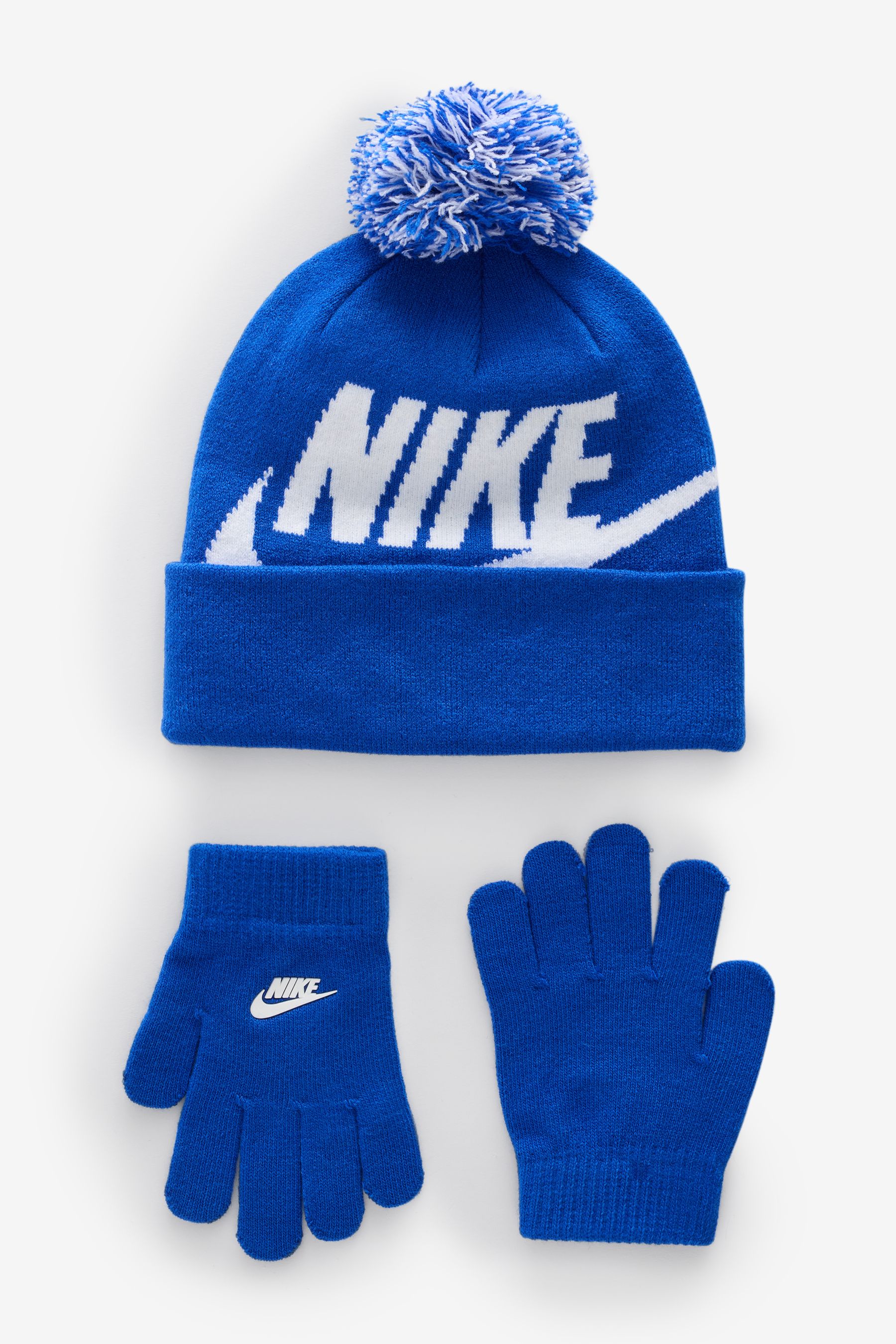 Buy Nike Blue Swoosh Pom Beanie Hat and Gloves Set from the Next UK online shop