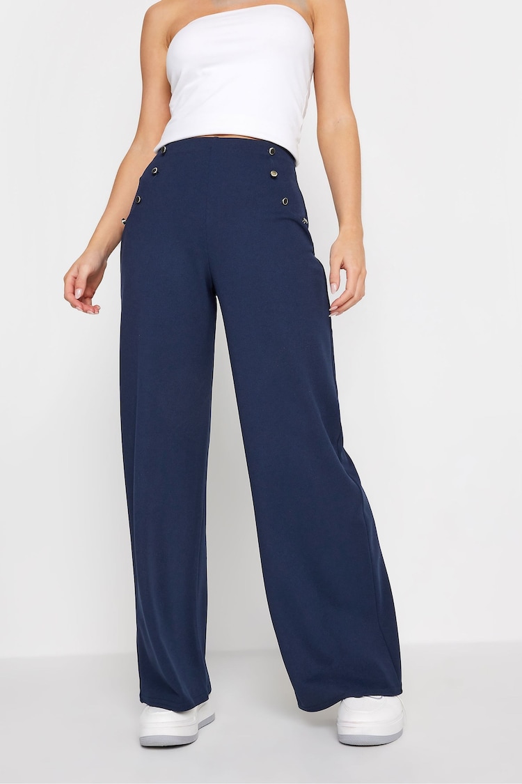 PixieGirl Petite Blue Button Detail Wide Leg Trousers - Image 2 of 4