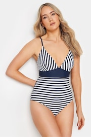 Long Tall Sally Blue LTS Tall Navy Blue Stripe V-Neck Swimsuit - Image 1 of 6