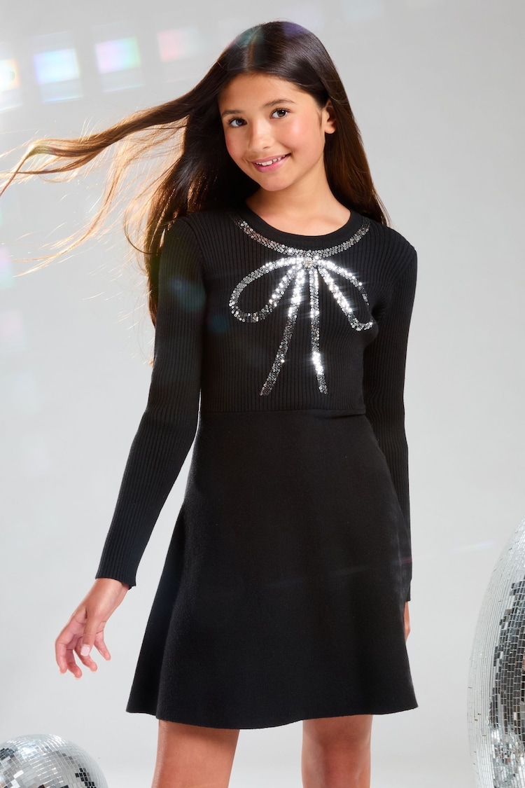 Lipsy Black Knitted Bow Embellished Dress (5-16yrs) - Image 1 of 4