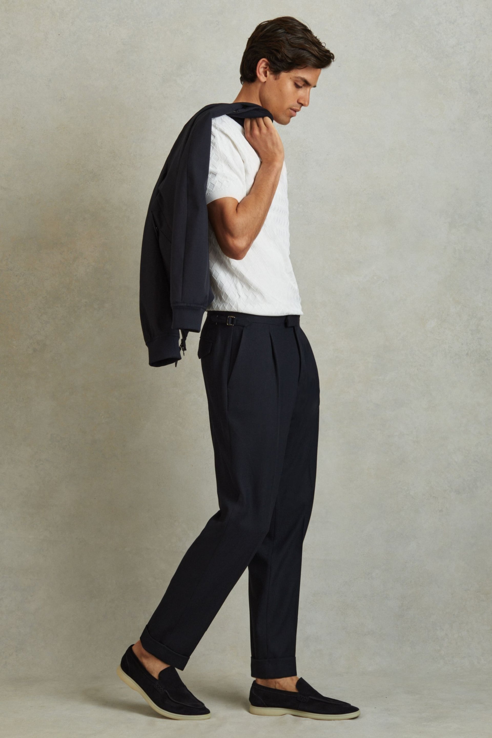 Reiss Navy Bridge Textured Side Adjuster Trousers with Turn-Ups - Image 1 of 5