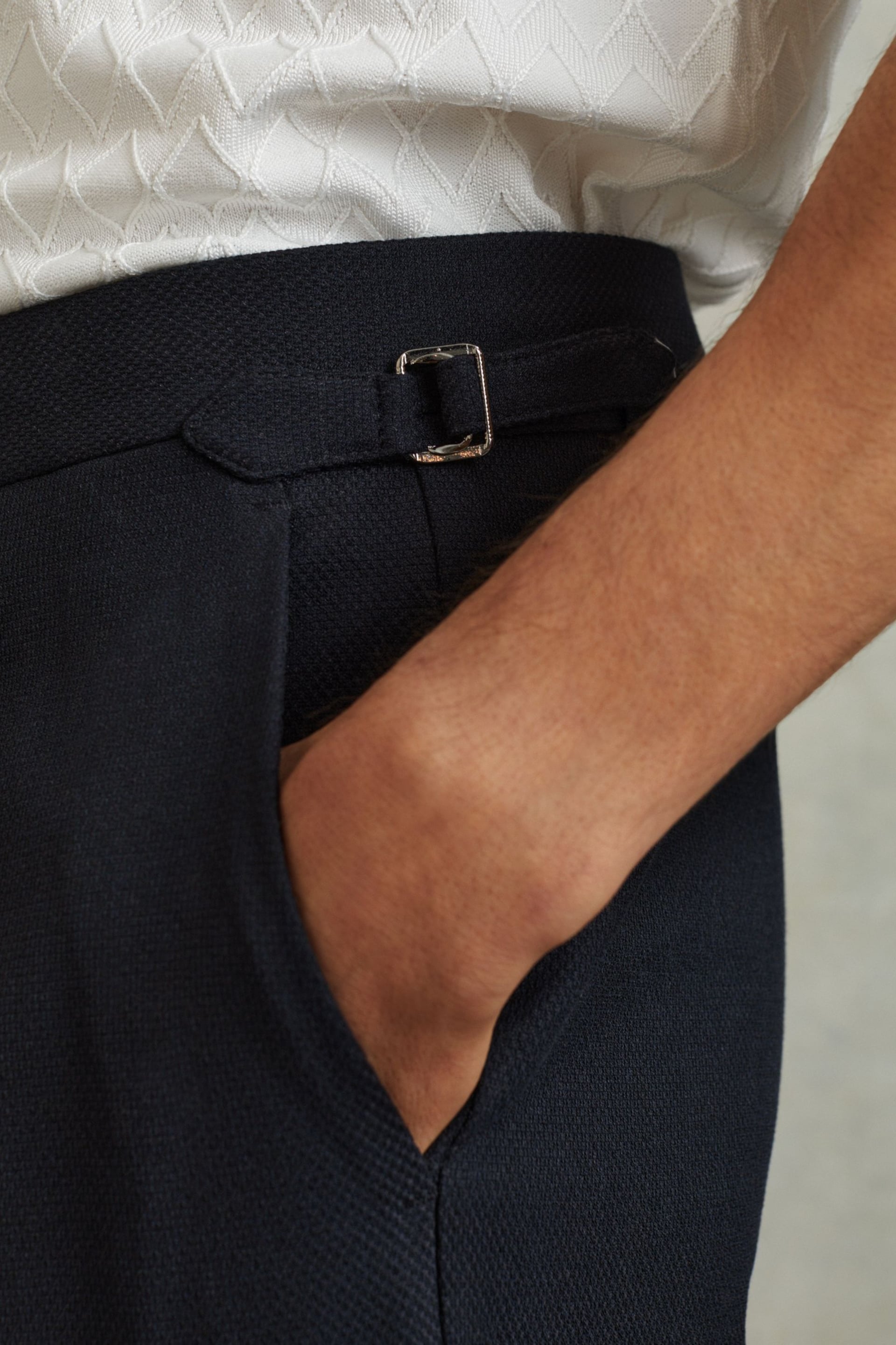 Reiss Navy Bridge Textured Side Adjuster Trousers with Turn-Ups - Image 3 of 5