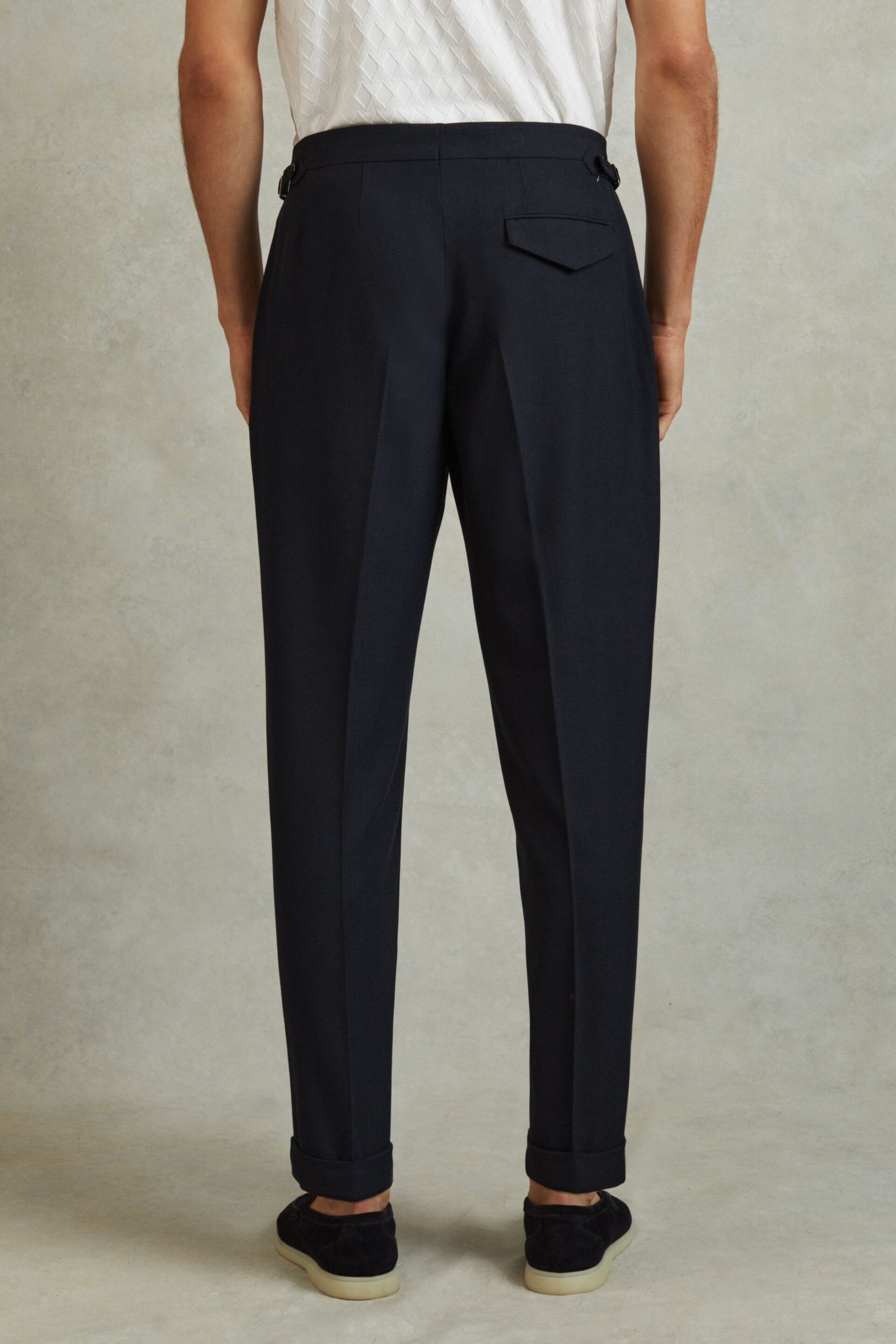 Reiss Navy Bridge Textured Side Adjuster Trousers with Turn-Ups - Image 4 of 5