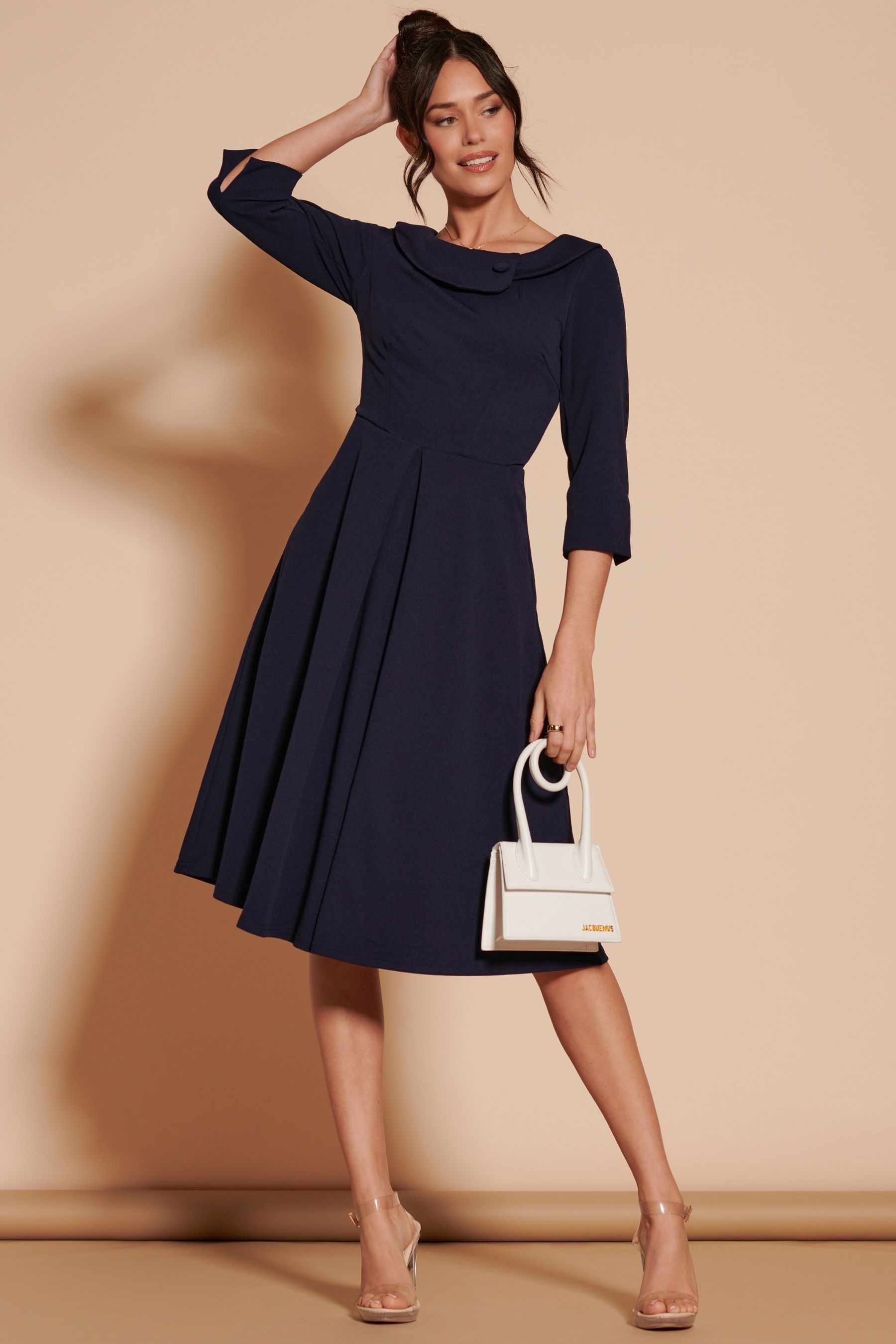 Buy Jolie Moi Navy Blue 3 4 Sleeve Fold Neck Midi Dress from the Next UK online shop