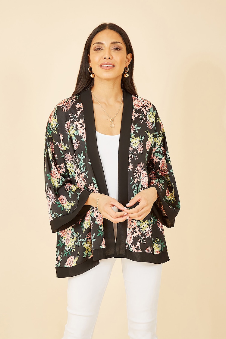 Mela Black Floral Satin Kimono - Image 1 of 4