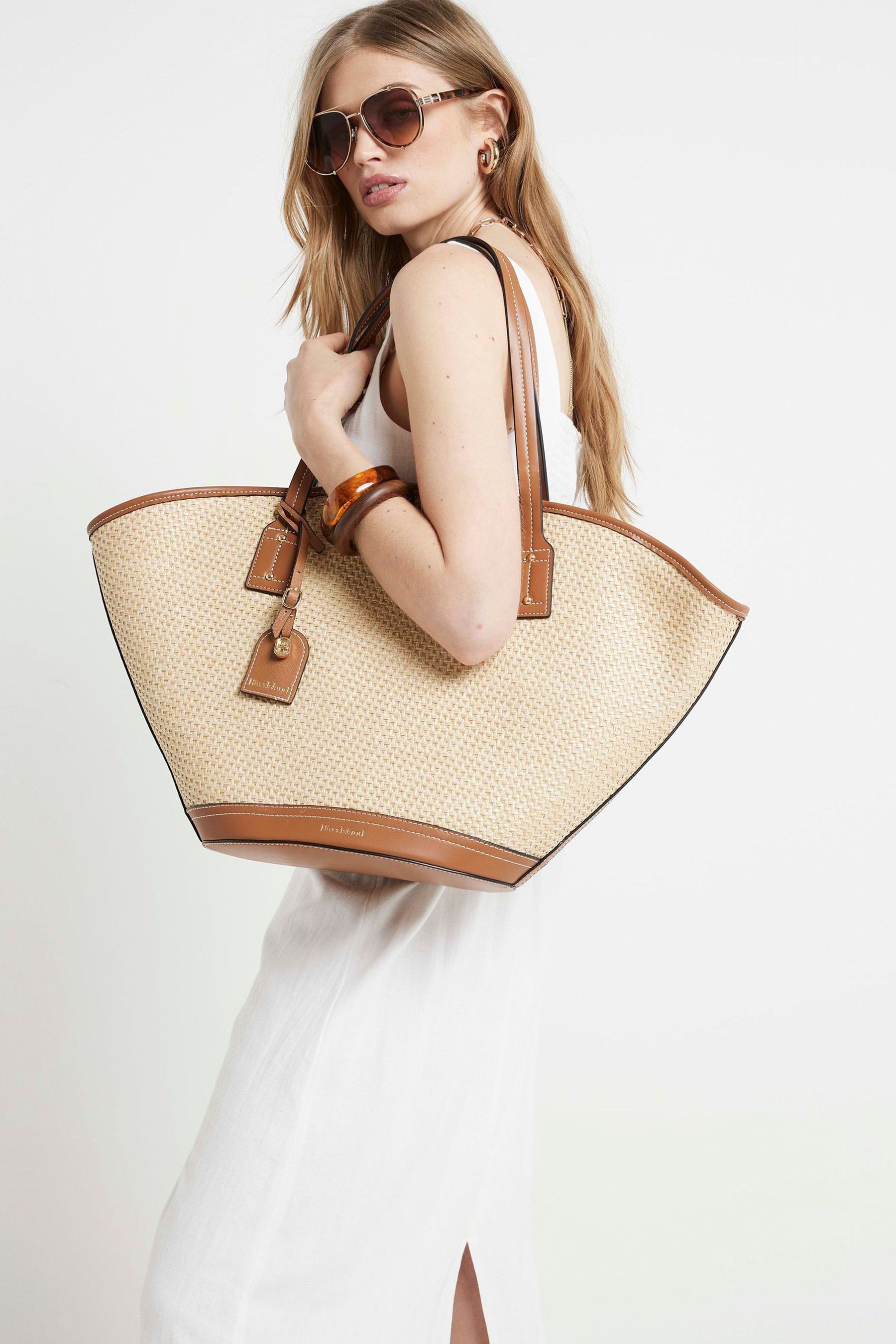 Buy River Island Brown Woven Fanned Tote from Next Luxembourg