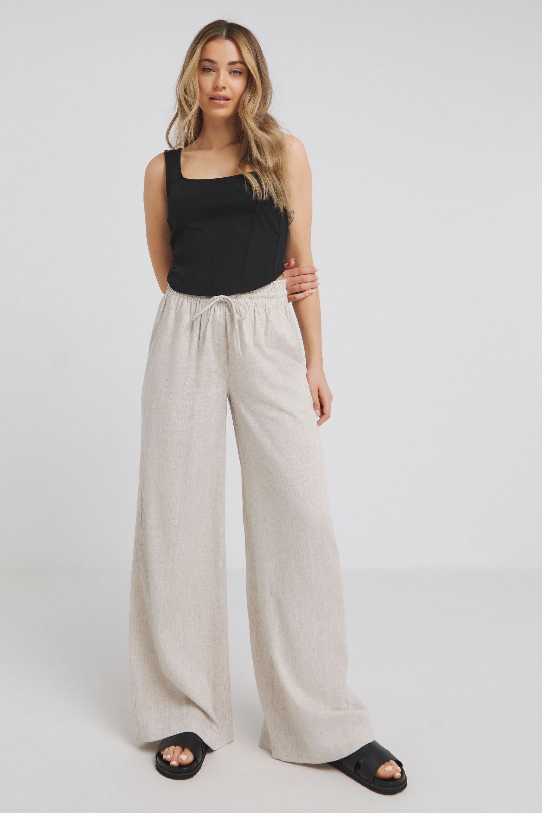 Buy Simply Be Natural Tie Waist Linen Wide Leg Trousers from Next Luxembourg
