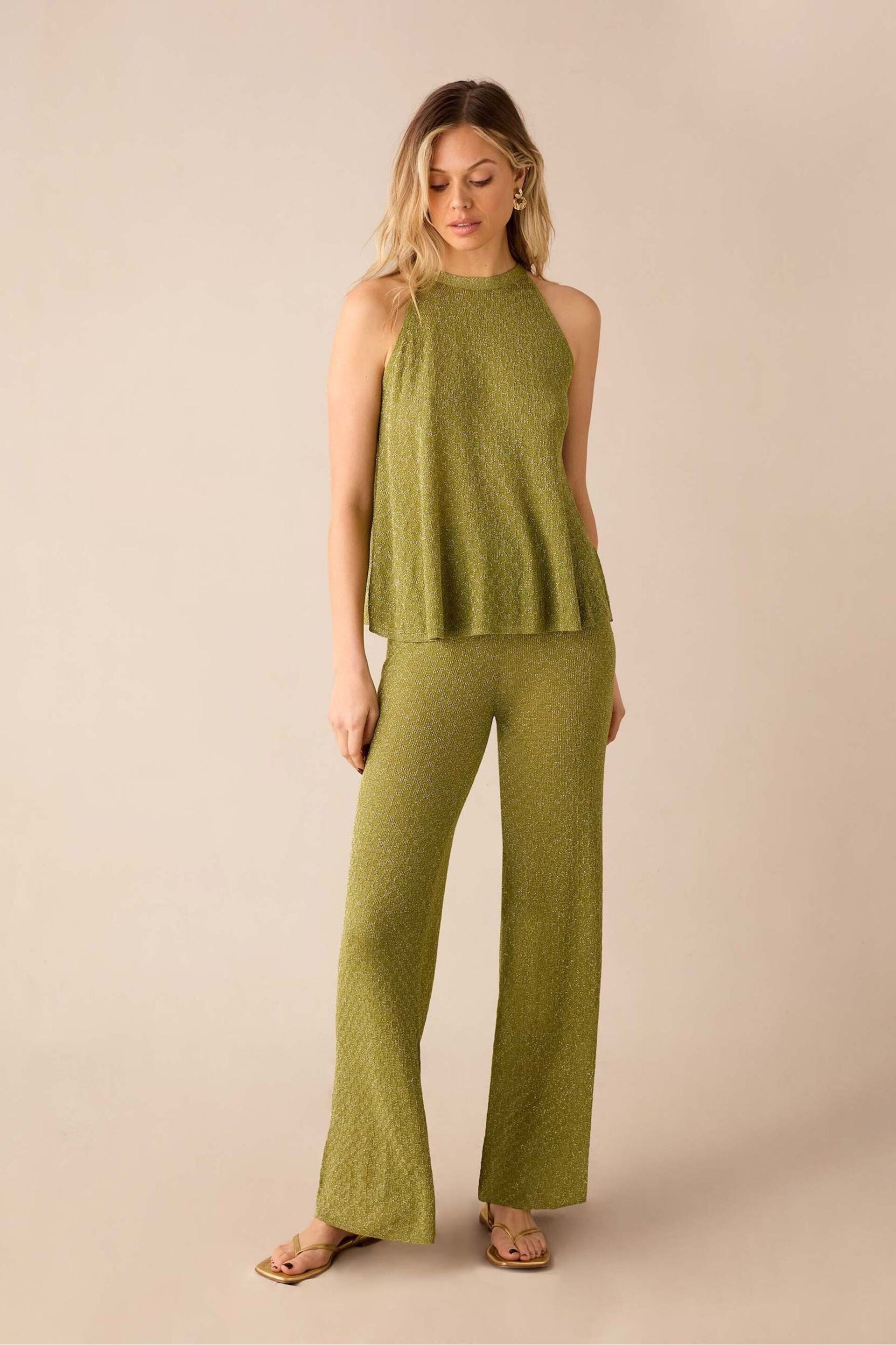 Ro&Zo Green Sheer Sparkle Knit Flared Trousers - Image 3 of 7
