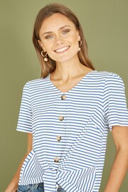 Yumi Aqua Blue Striped Jersey Button Detail Top - Image 2 of 5