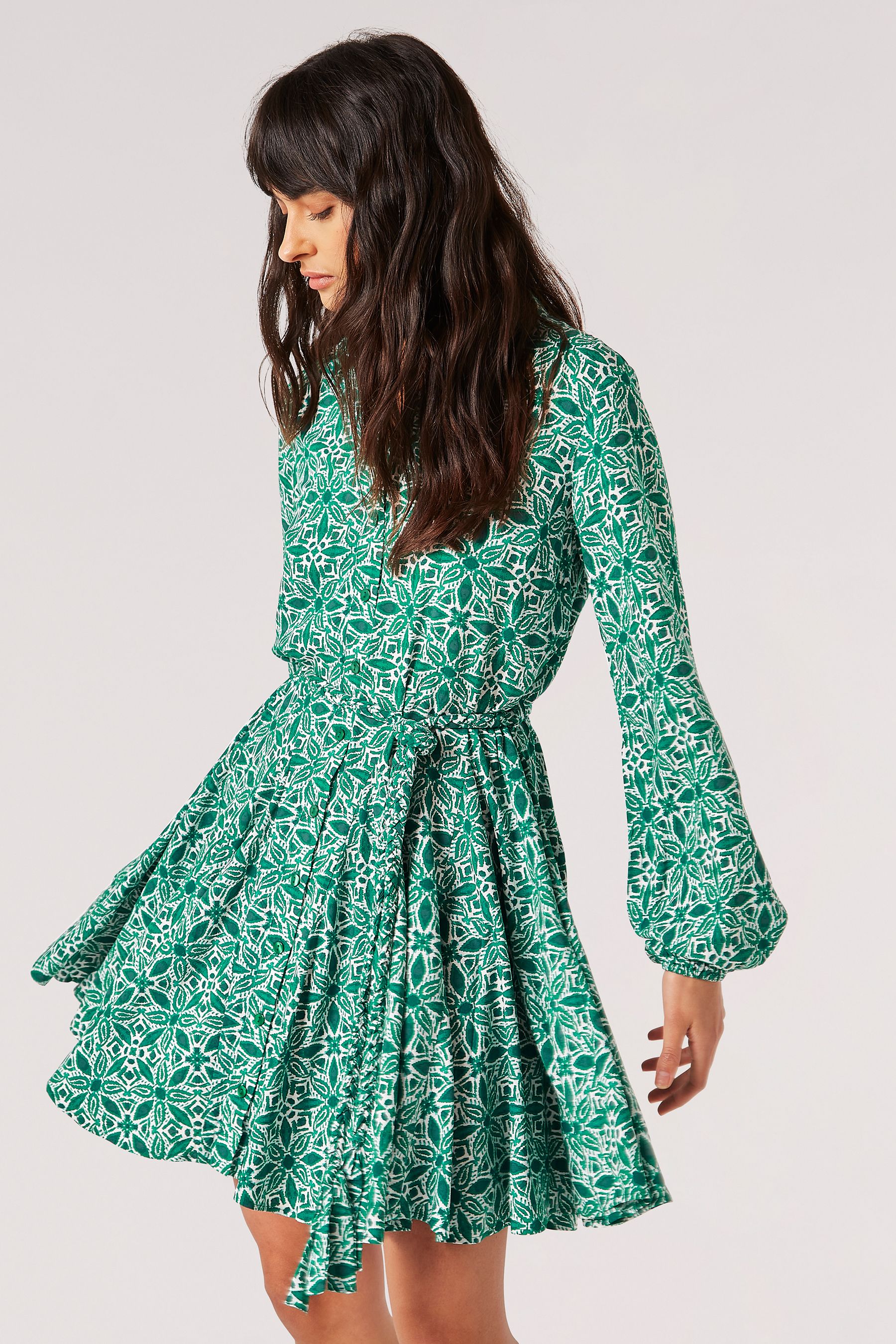 Apricot Green Ikat Tile Shirt Mini Dress