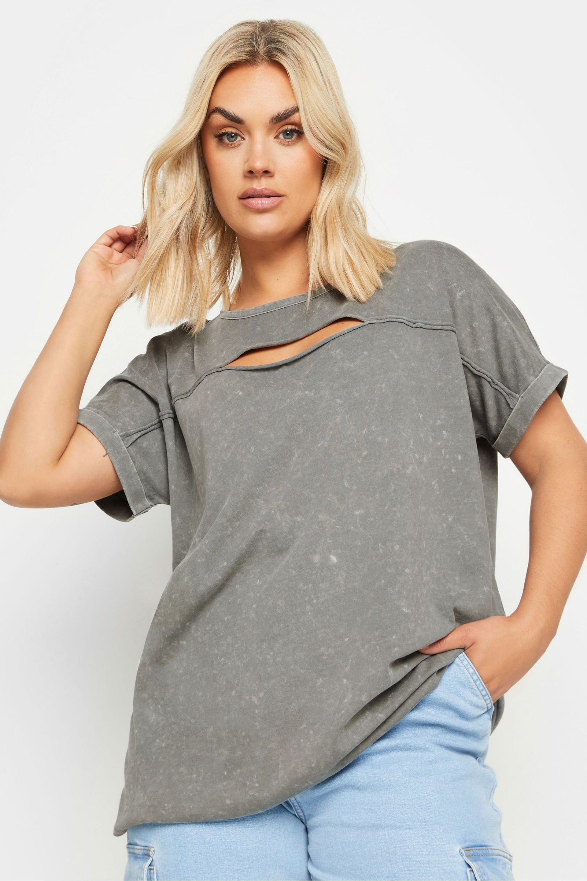 Yours Curve Grey Acid Wash Cut Out T-Shirt - Image 1 of 5