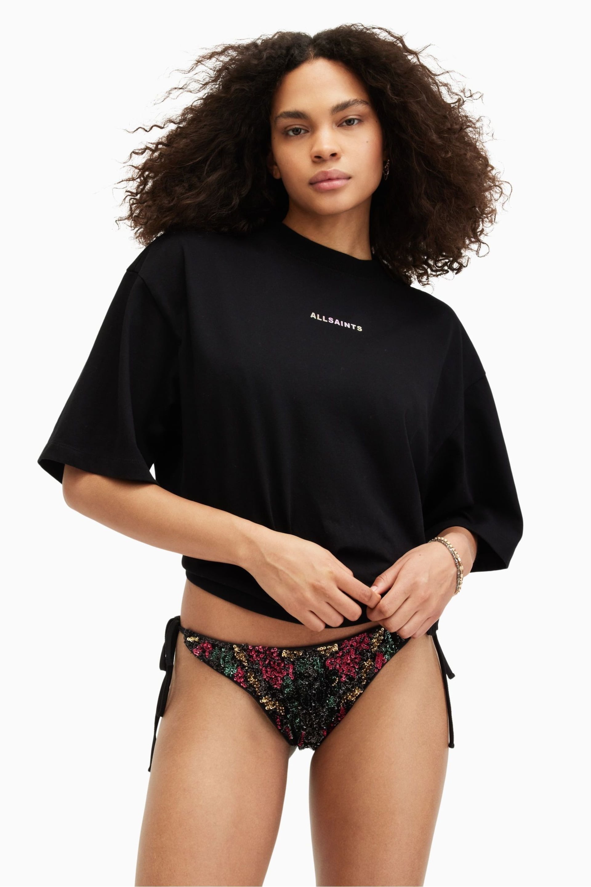 AllSaints Black Embroidered Jamilia Bikini Bottoms - Image 1 of 5