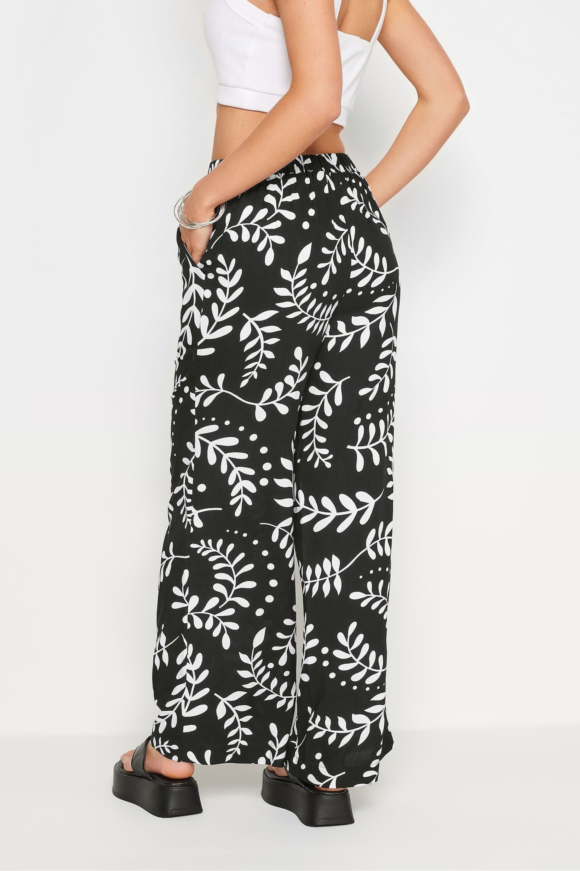 PixieGirl Petite Black Leaf Print Wide Leg Trousers - Image 4 of 5