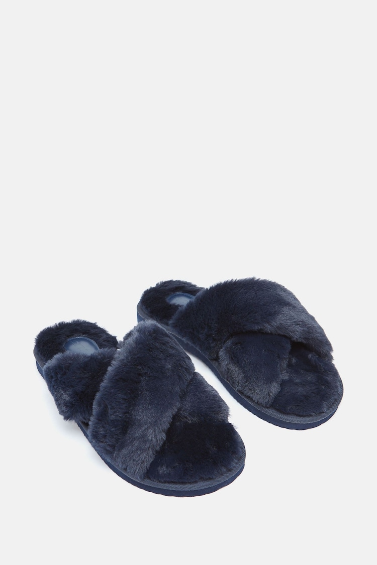 Joules Romilly Navy Faux Fur Slippers - Image 1 of 5