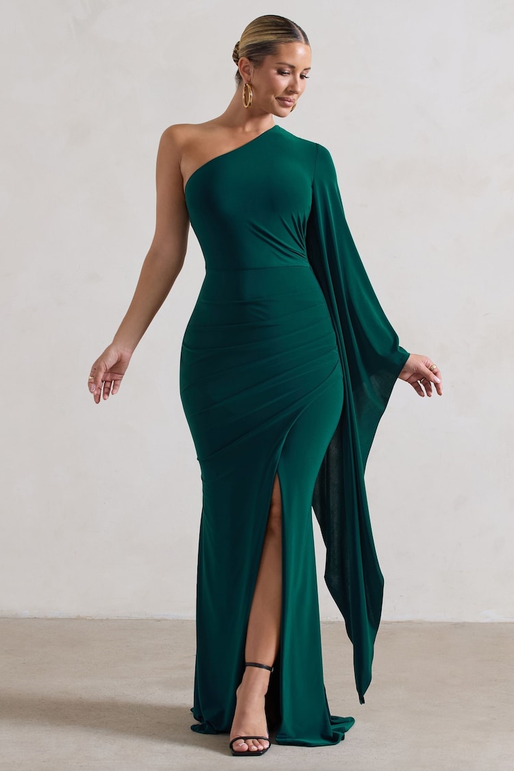 Club L London Forest Green Giada Ruched Asymmetric Maxi Dress With Cape Sleeve - Image 1 of 5