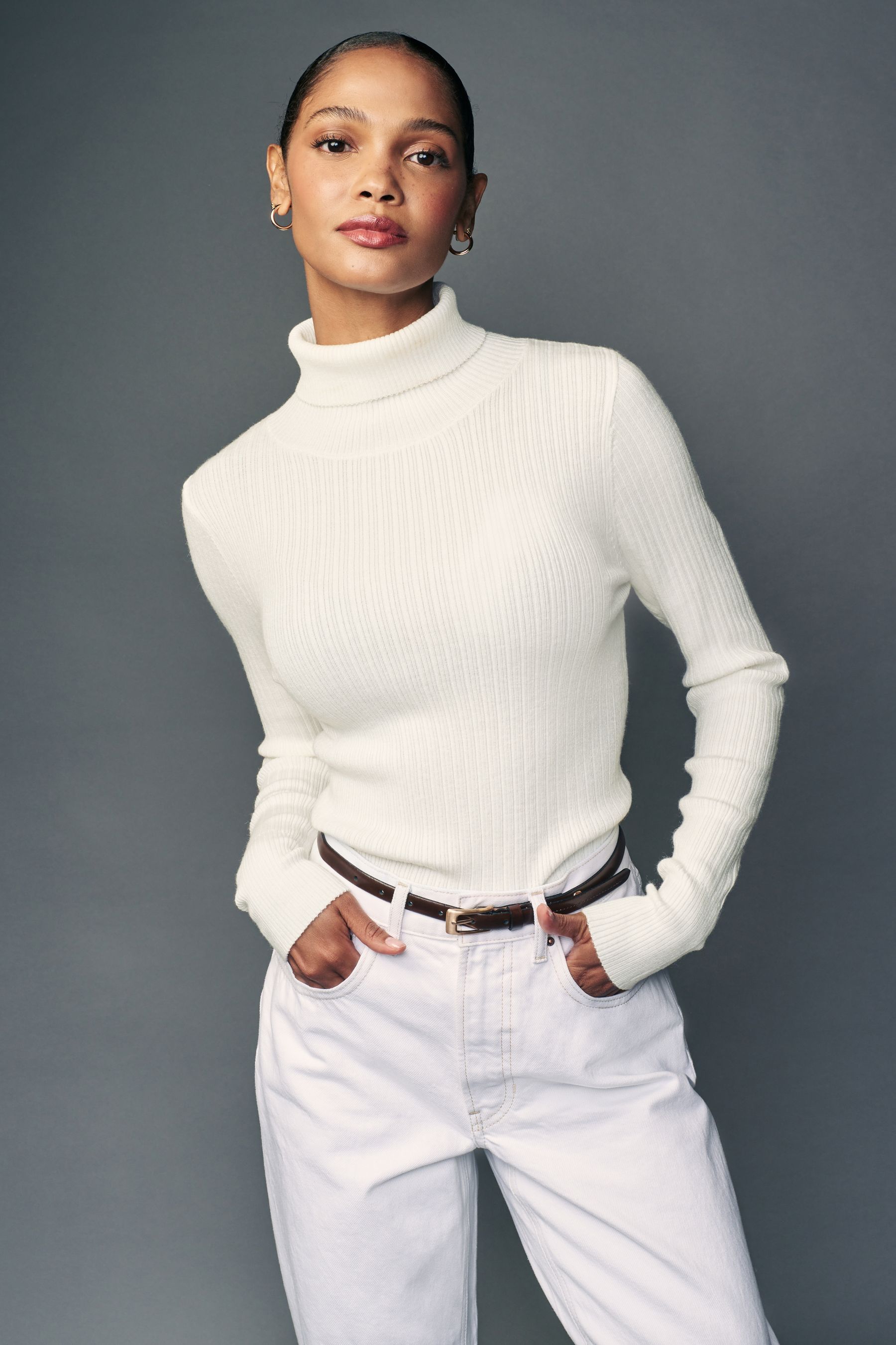Buy White Ecru High Roll Neck Rib Knitted Jumper with Wool from Next Canada