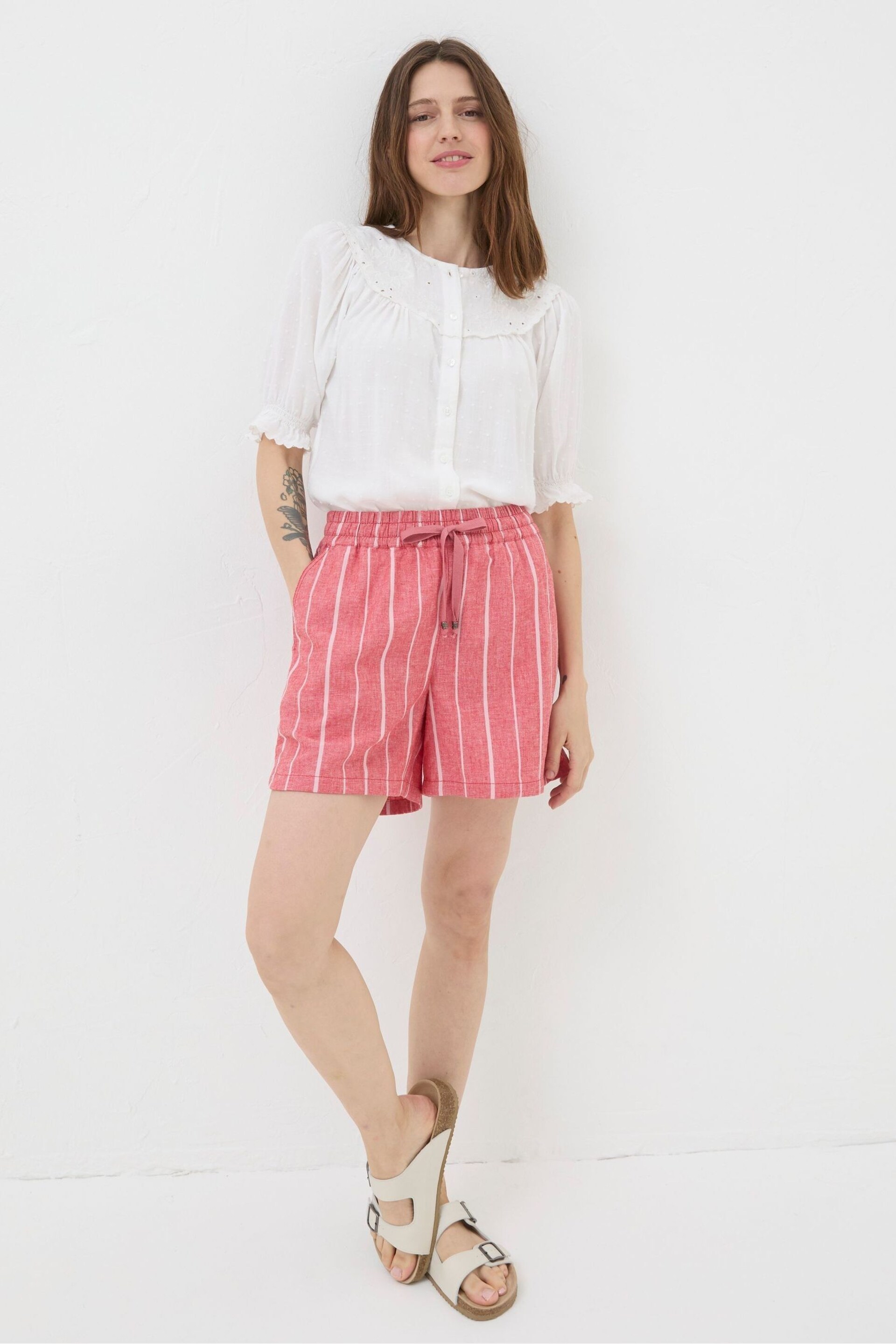 FatFace Red Tenby Linen Blend Stripe Shorts - Image 2 of 5
