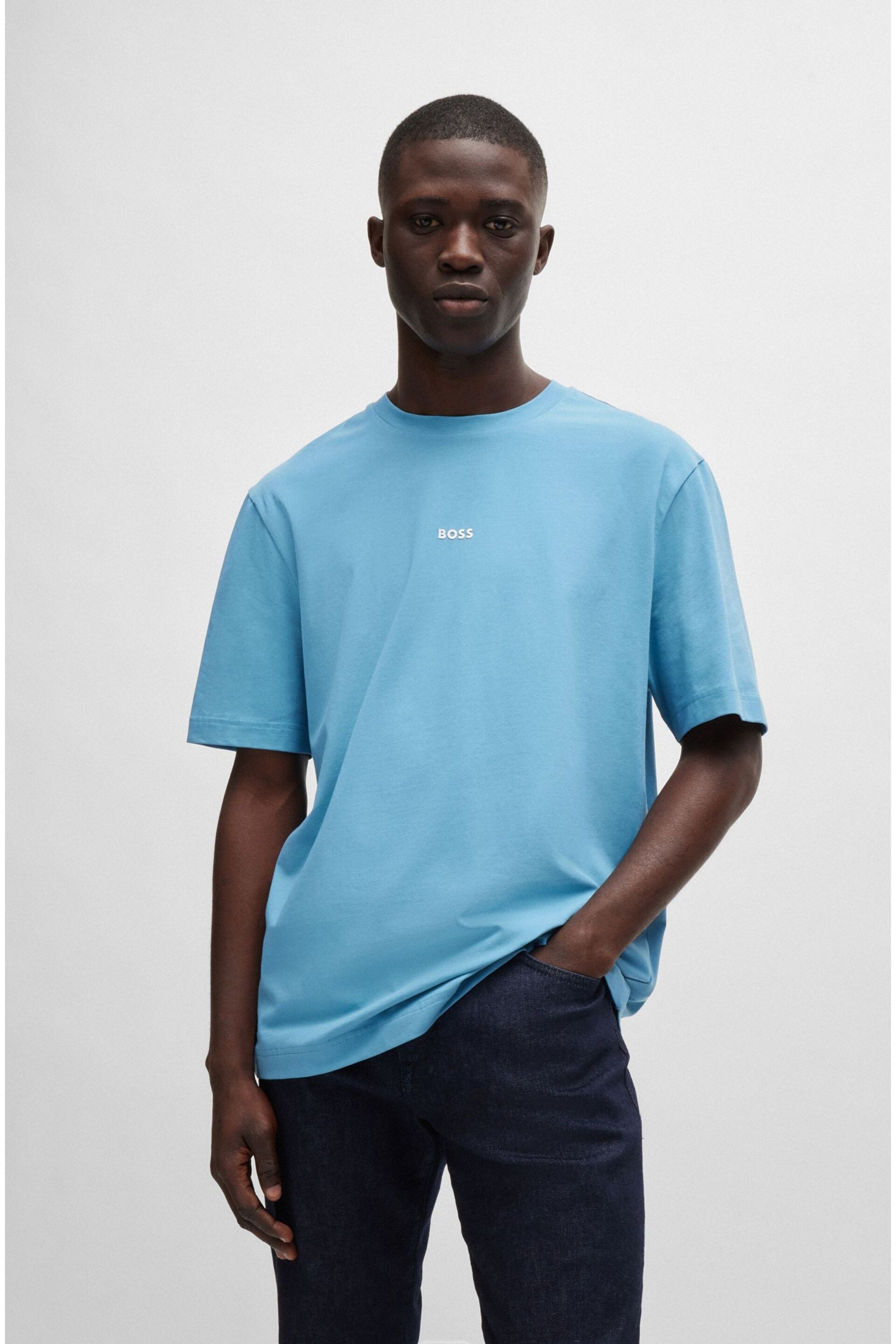 BOSS Blue Relaxed-Fit T-Shirt in Stretch Cotton With Logo Print - Image 1 of 5