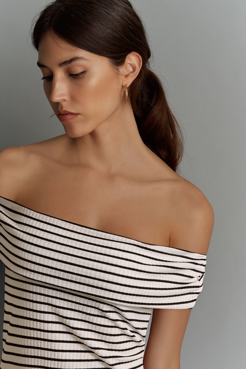 Navy/White Stripe Bardot Off The Shoulder Summer Ribbed Top - Image 3 of 6
