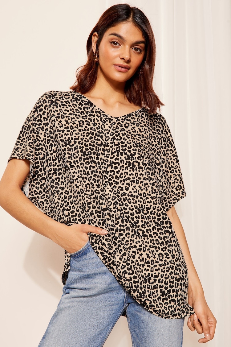 Friends Like These Leopard Browm Short Sleeve V Neck Tunic Top - Image 1 of 4