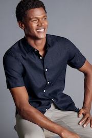 Charles Tyrwhitt Blue Slim Fit Plain Short Sleeve Pure Linen Full Sleeves Shirt - Image 2 of 5