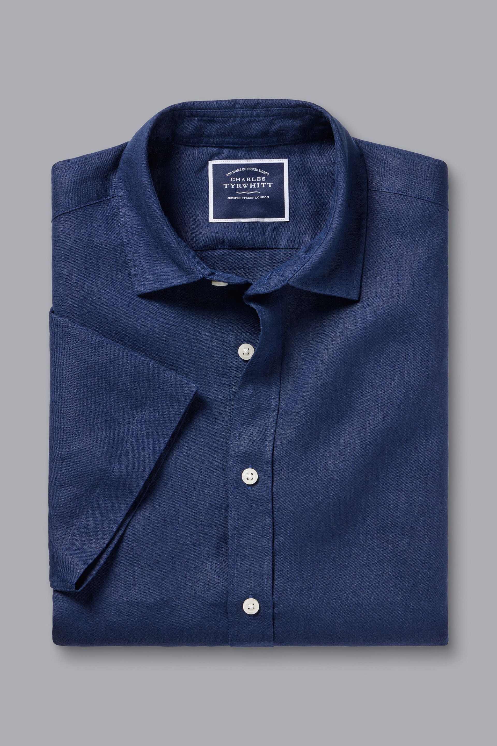 Charles Tyrwhitt Blue Slim Fit Plain Short Sleeve Pure Linen Full Sleeves Shirt - Image 4 of 5