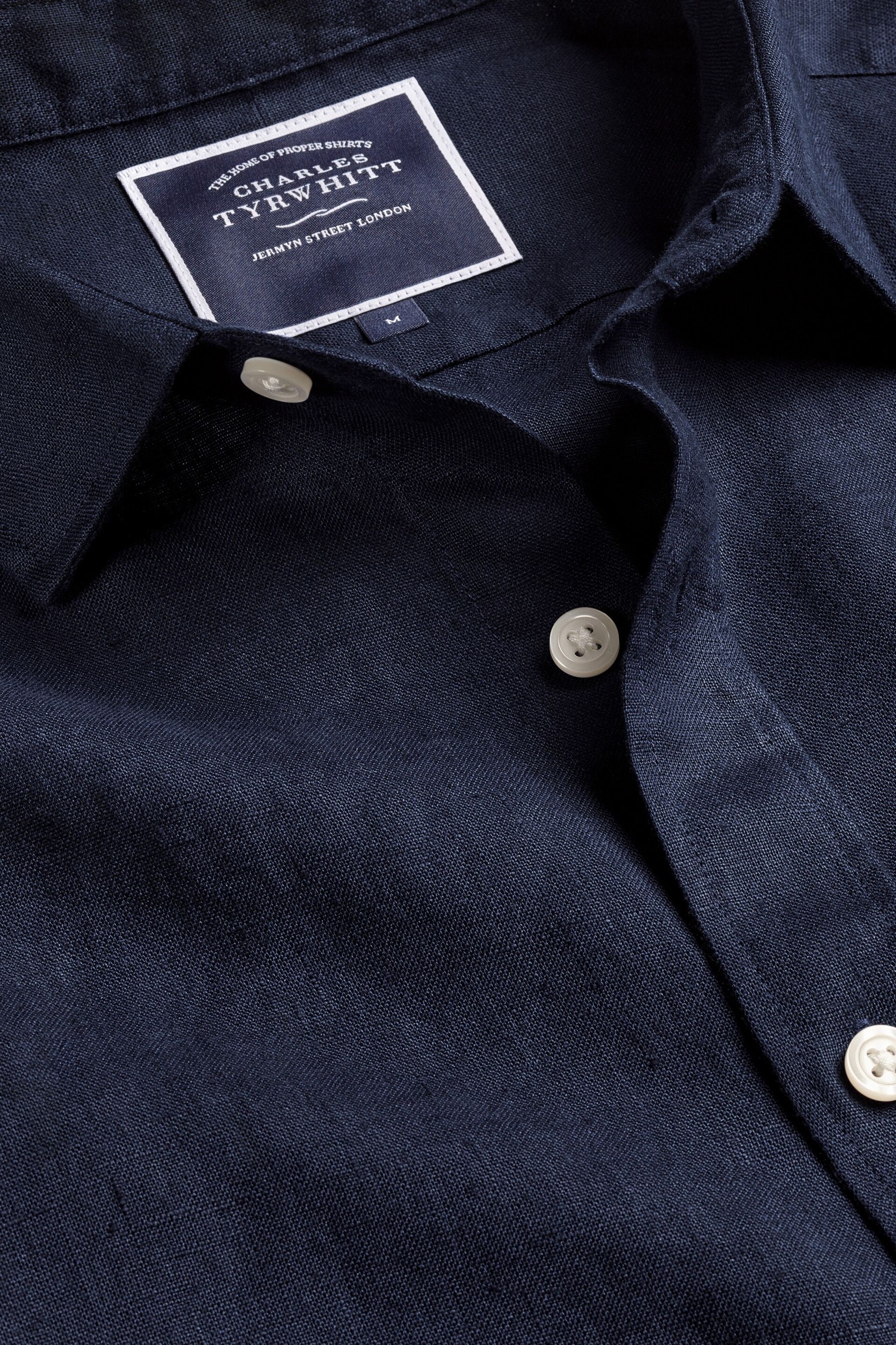 Charles Tyrwhitt Blue Slim Fit Plain Short Sleeve Pure Linen Full Sleeves Shirt - Image 5 of 5