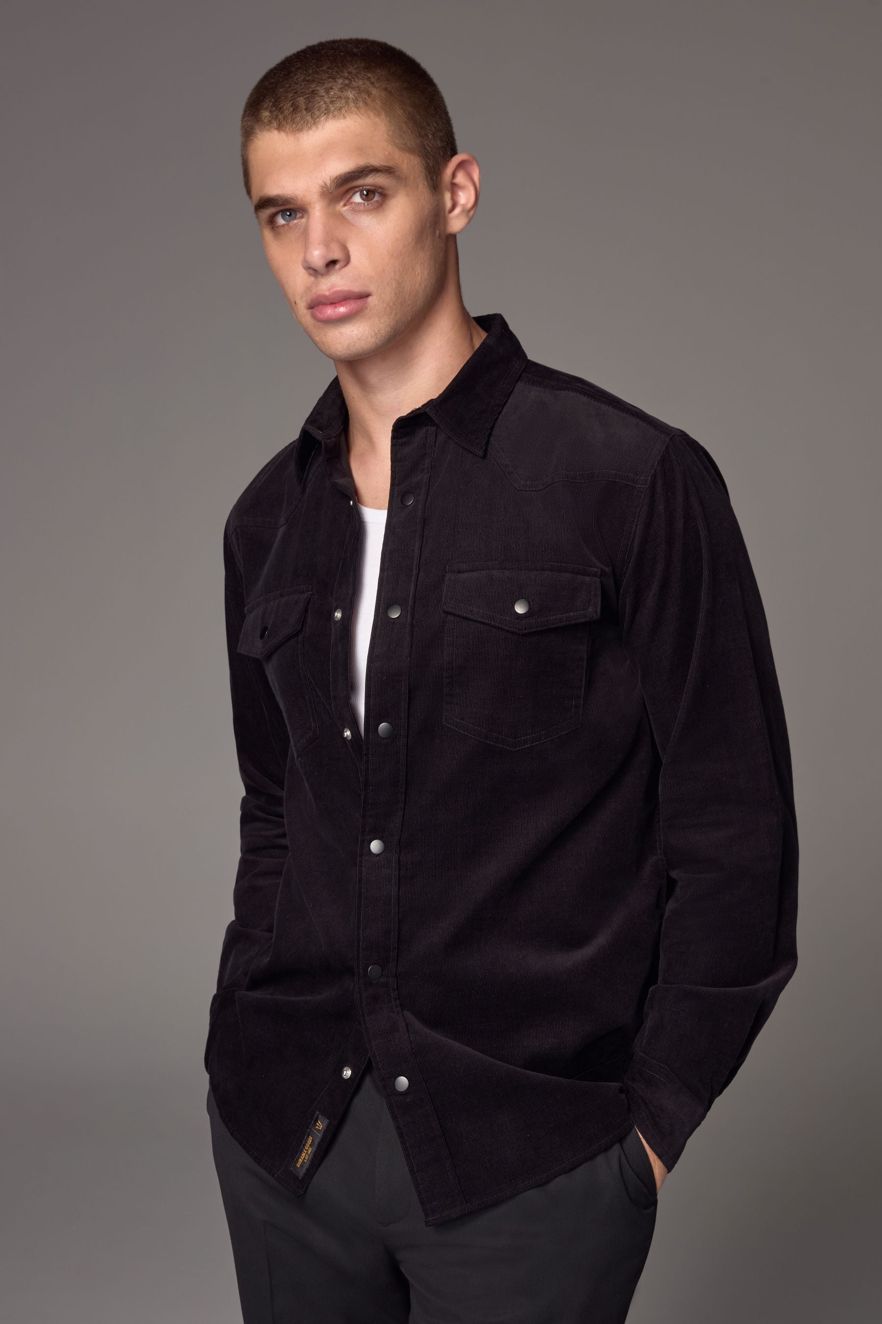 Black Cord Twin Pocket Western Long Sleeve Shirt