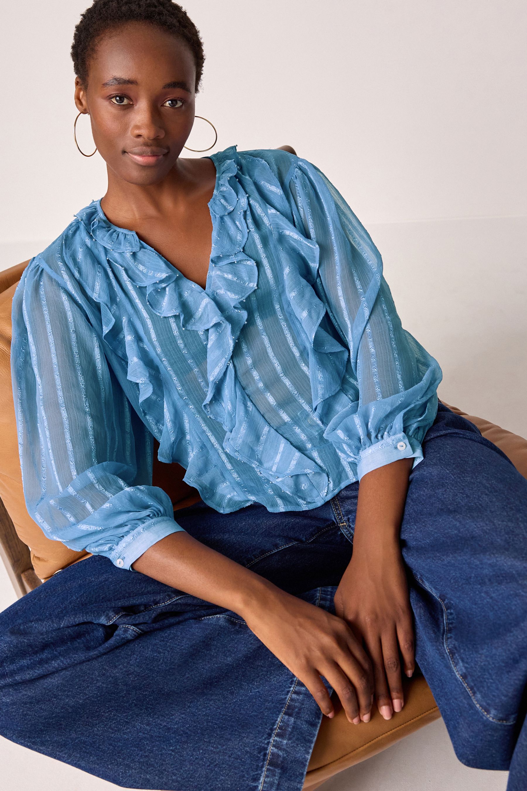 Blue sheer long sleeve top clearance
