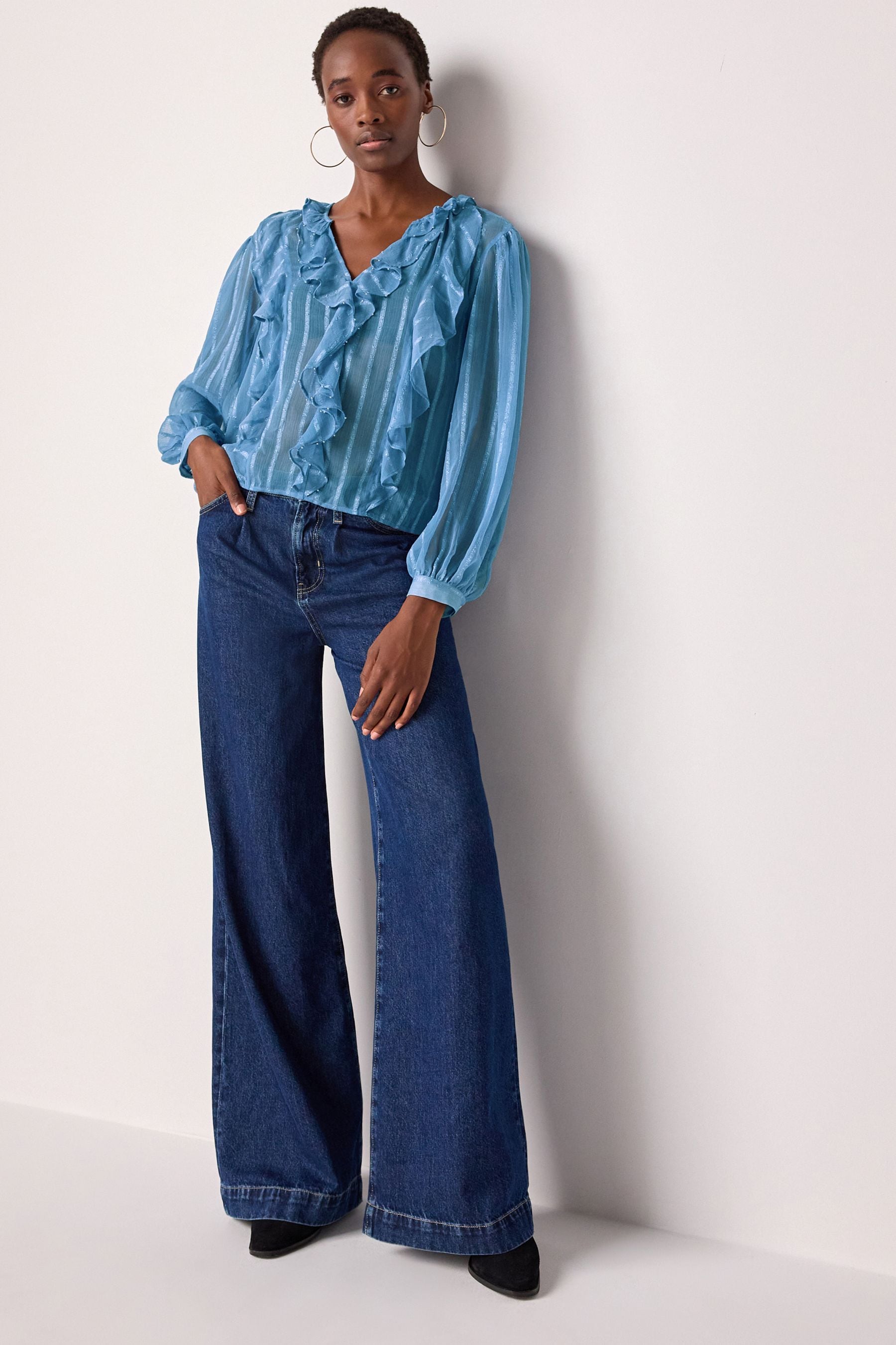 Buy Blue Sheer Long Sleeve Embellished Ruffle Blouse from Next Turkey