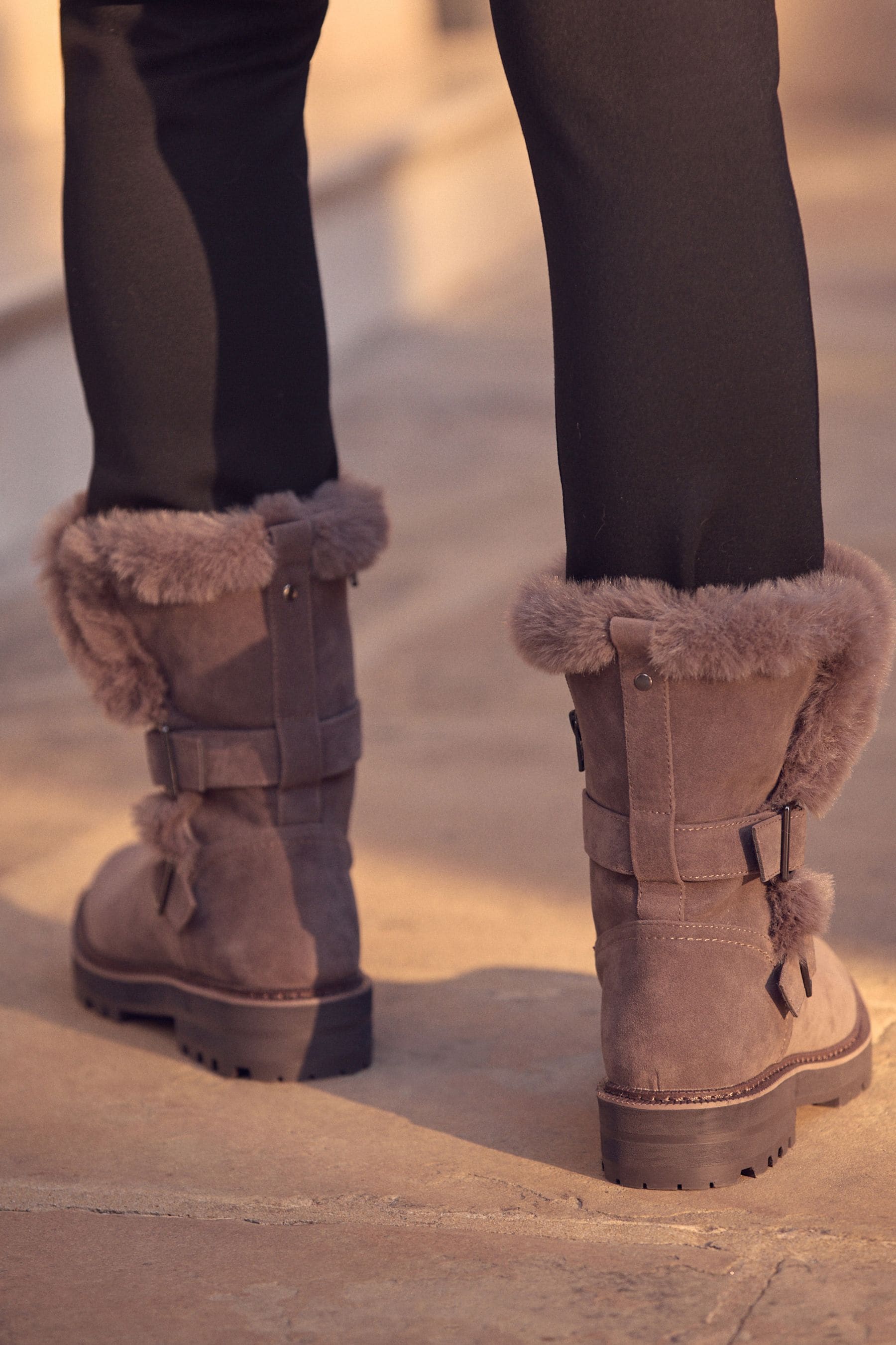 Mink Brown Forever Comfort Faux Fur Double Buckle Ankle Boots