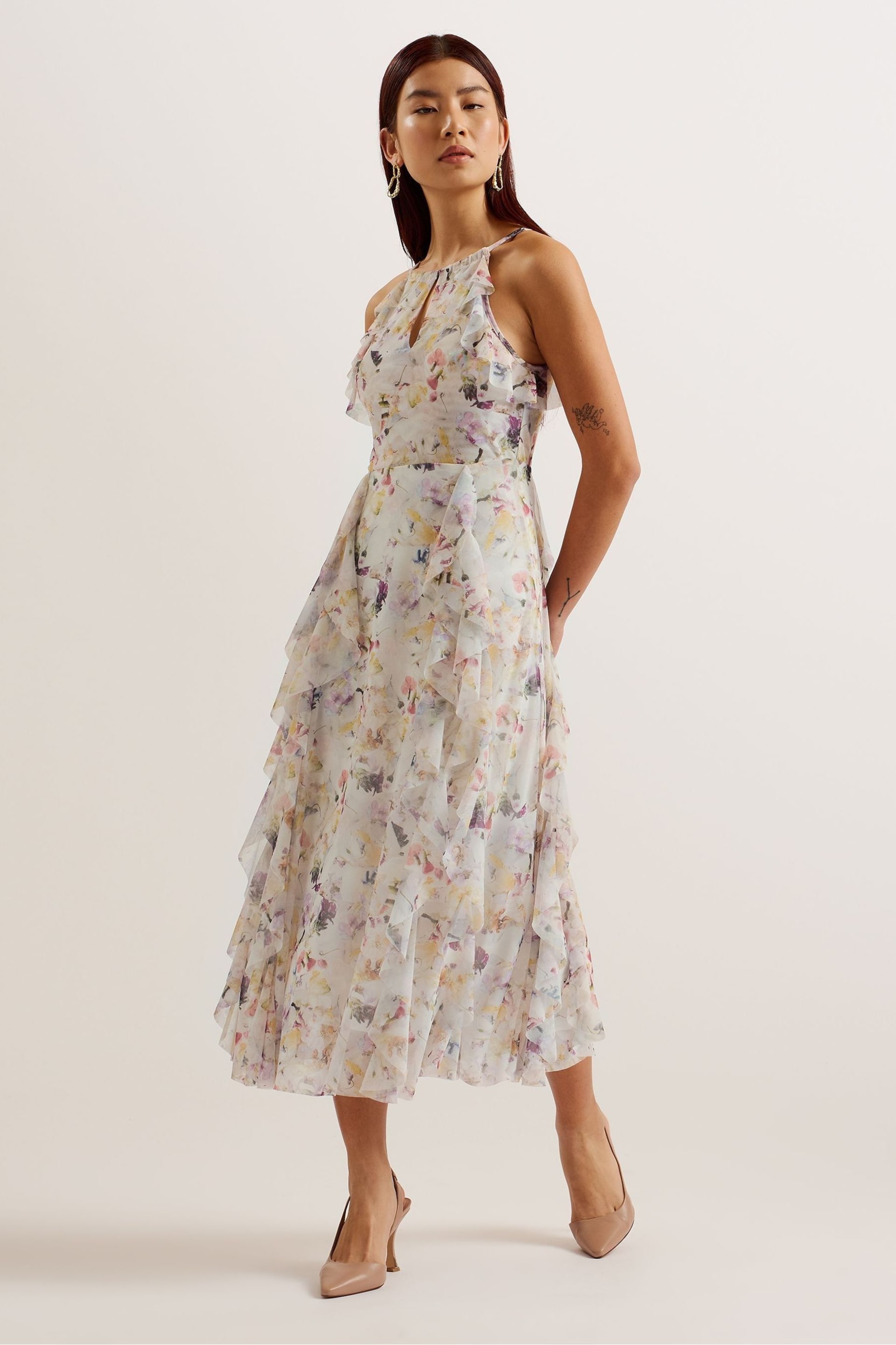 Ted Baker White Halterneck Lauriin Midi Dress With Ruffles - Image 1 of 5