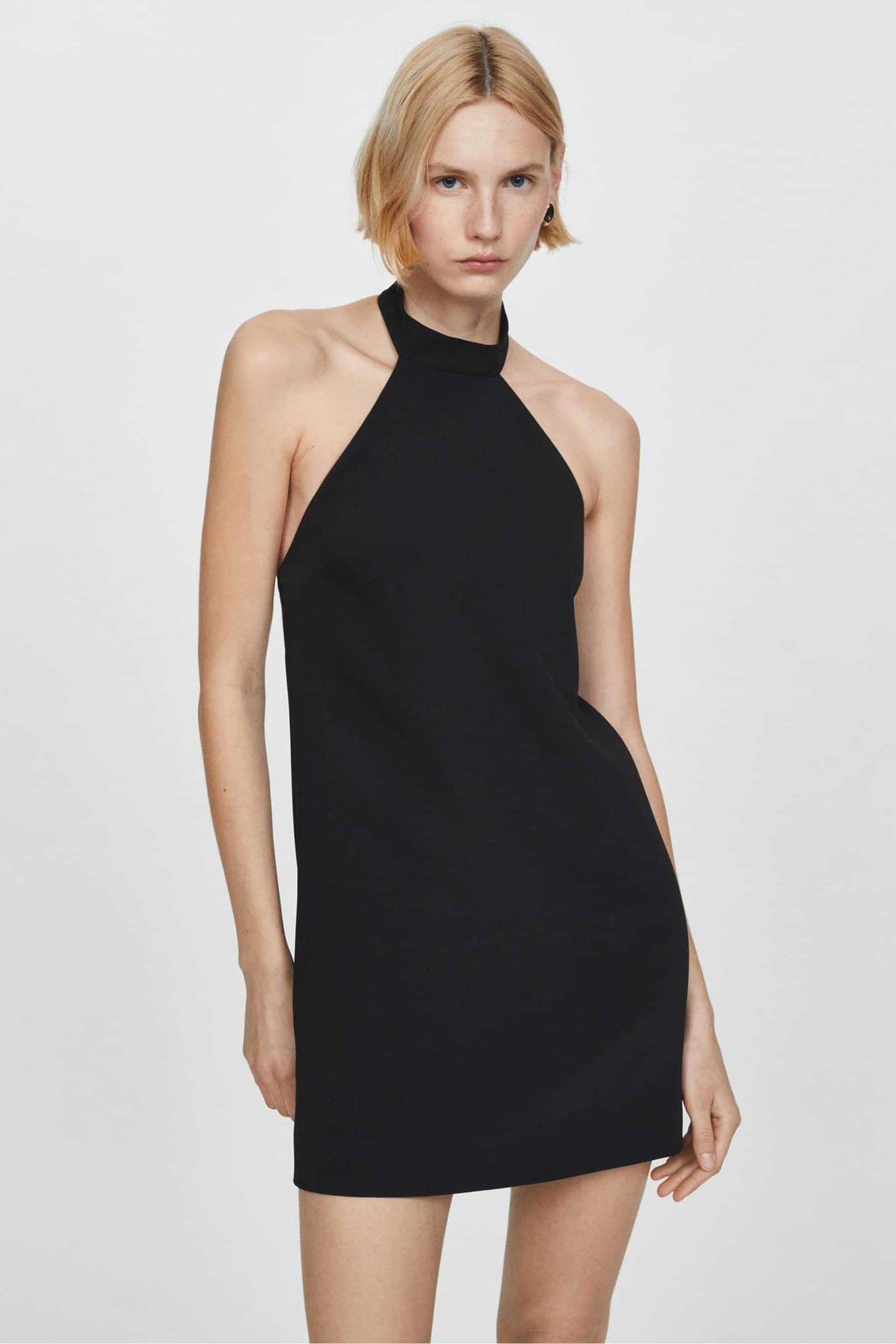 Short black halter neck dress deals