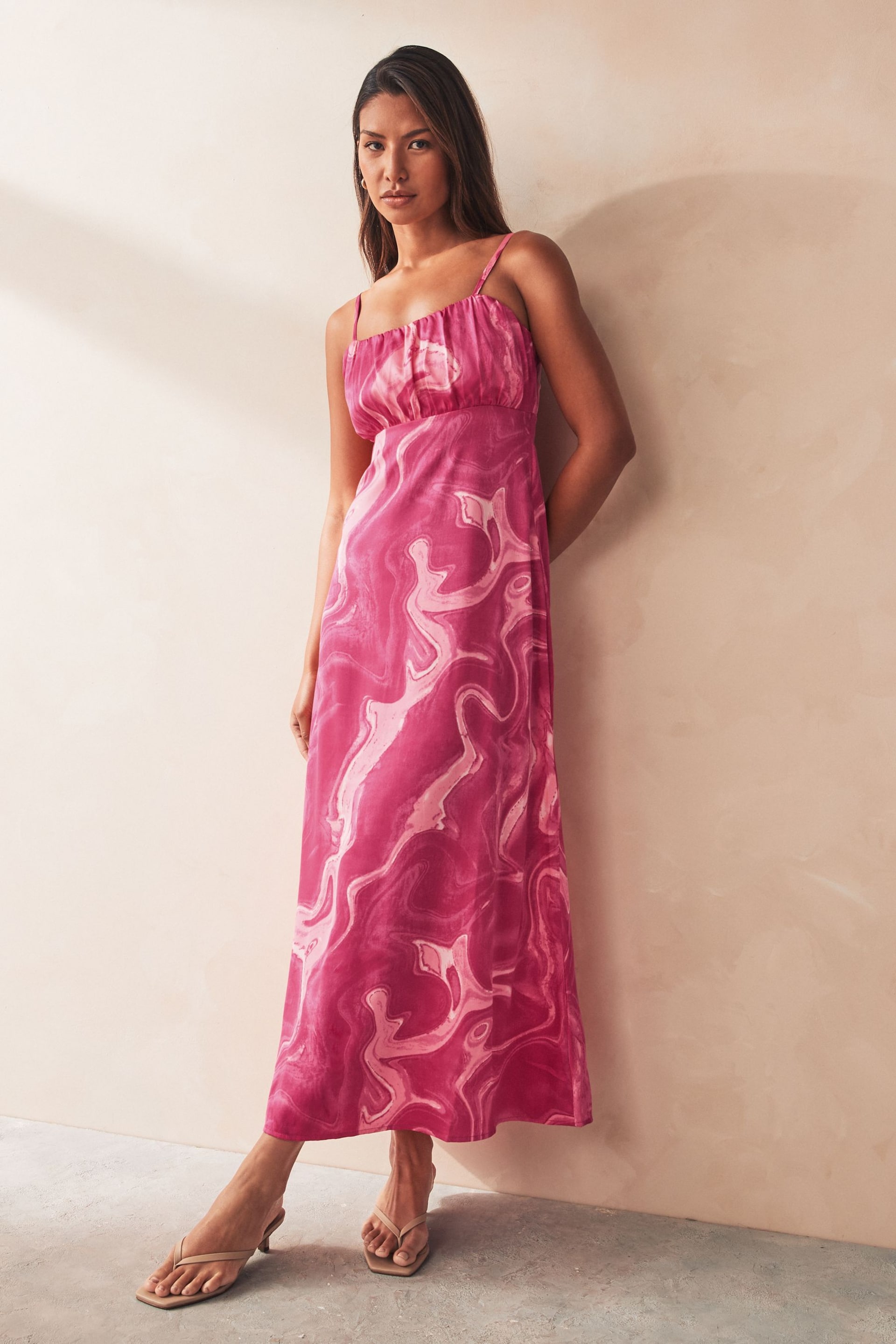 ONLY Pink Marble Print Cami Ruched Detail Midi Dress - Image 1 of 2