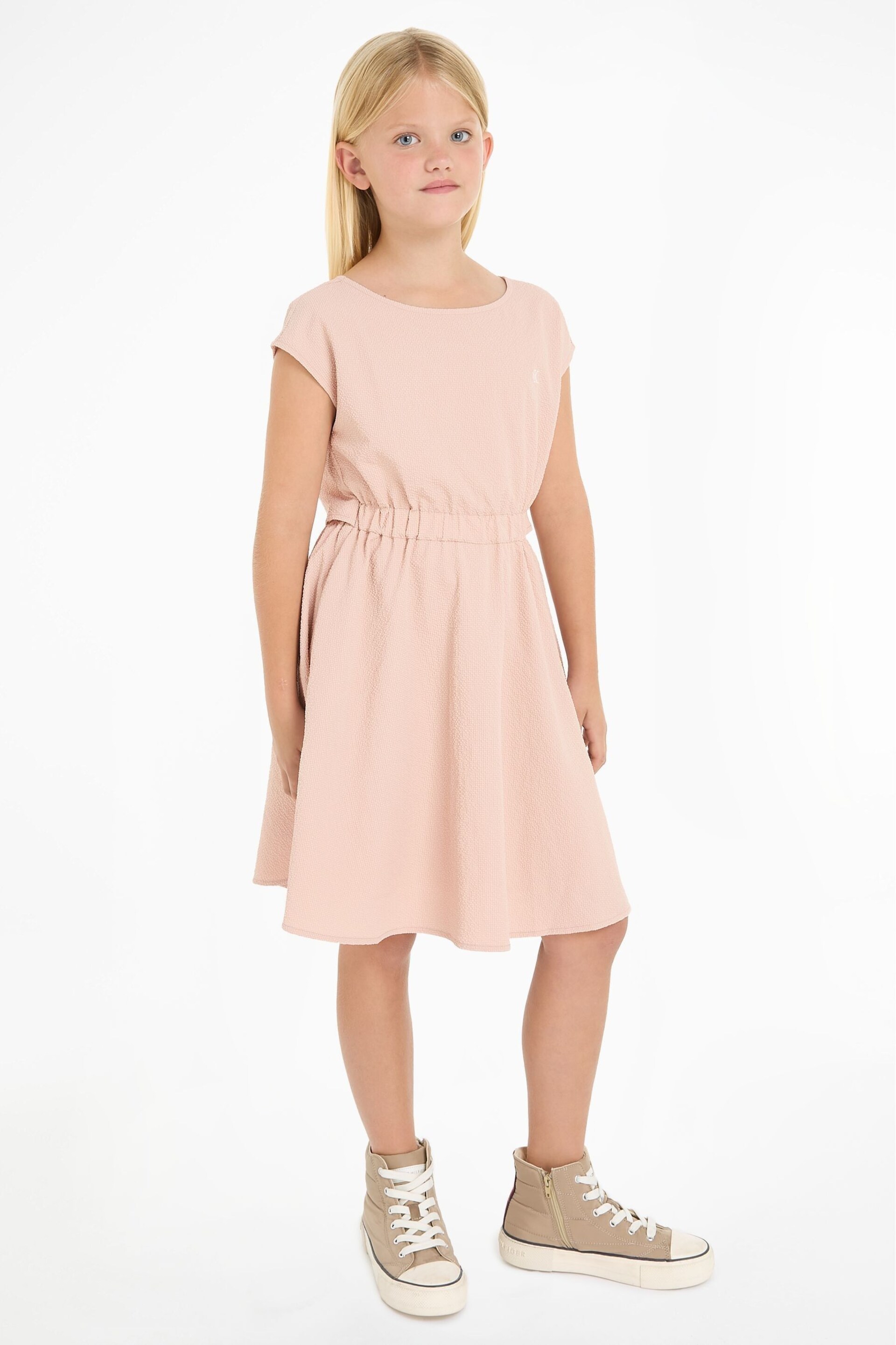 Calvin Klein Pink Fit And Flare Seersucke Dress - Image 1 of 6