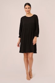 Adrianna Papell Pleated Knit Crew Neck Black Dress - Image 1 of 6