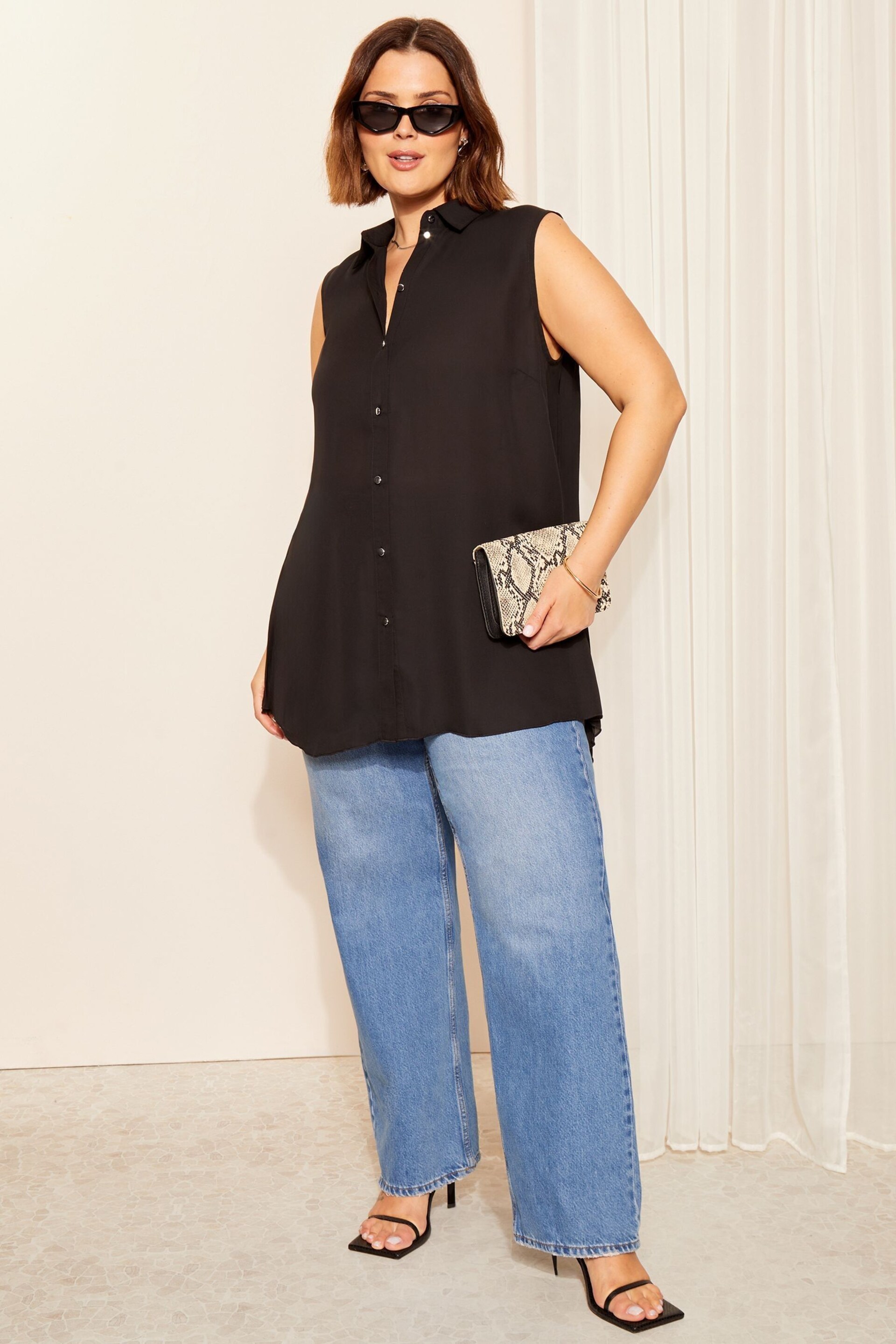 Curves Like These Black Sleeveless Pleated Back Button Through Shirt - Image 1 of 4