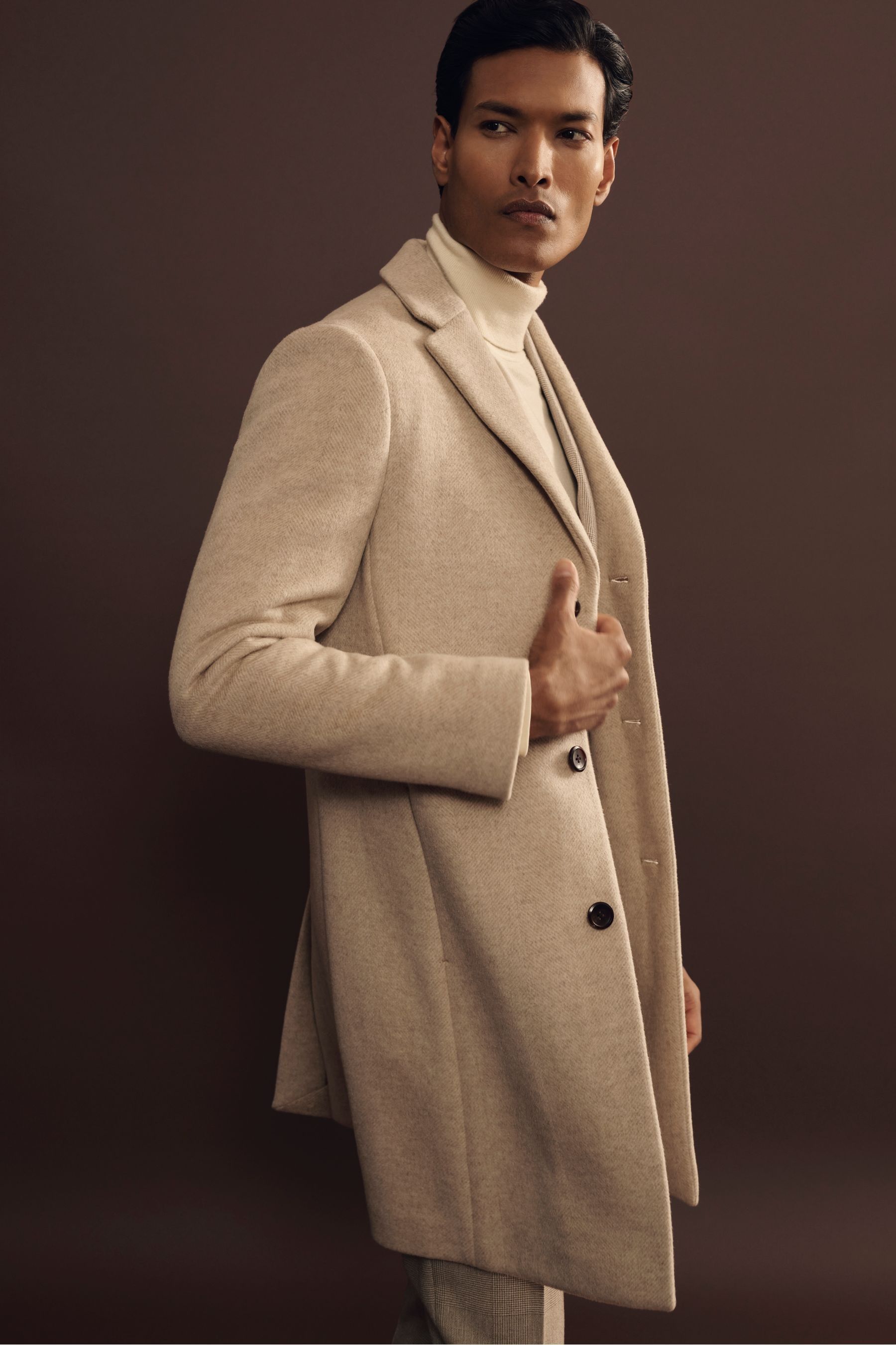 Buy Reiss Oatmeal Herringbone Gable Wool Blend Single Breasted Epsom Overcoat from Next Luxembourg