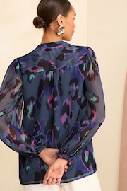 Love & Roses Blue Animal Petite Zip Front Mix Sheer Long Sleeve Blouse - Image 4 of 4