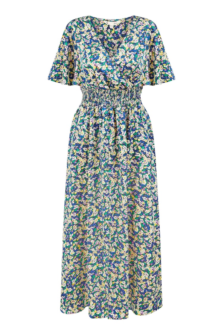 Yumi Blue Satin Ditsy Print Wrap Maxi Dress - Image 5 of 5