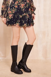 Friends Like These Black Wide Fit Low Wedge Knee High Stretch Faux Leather Boot - Image 3 of 4