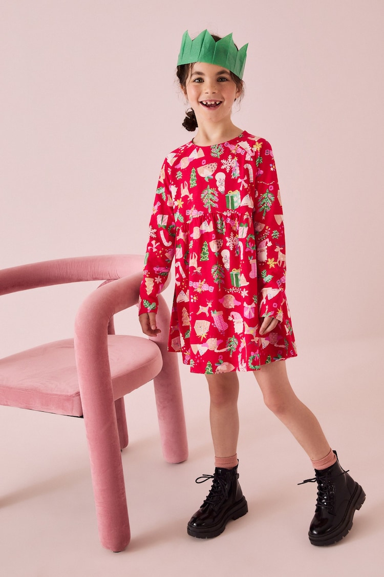 Red Christmas Print Long Sleeve 100% Cotton Jersey Dress (3-16yrs) - Image 2 of 7