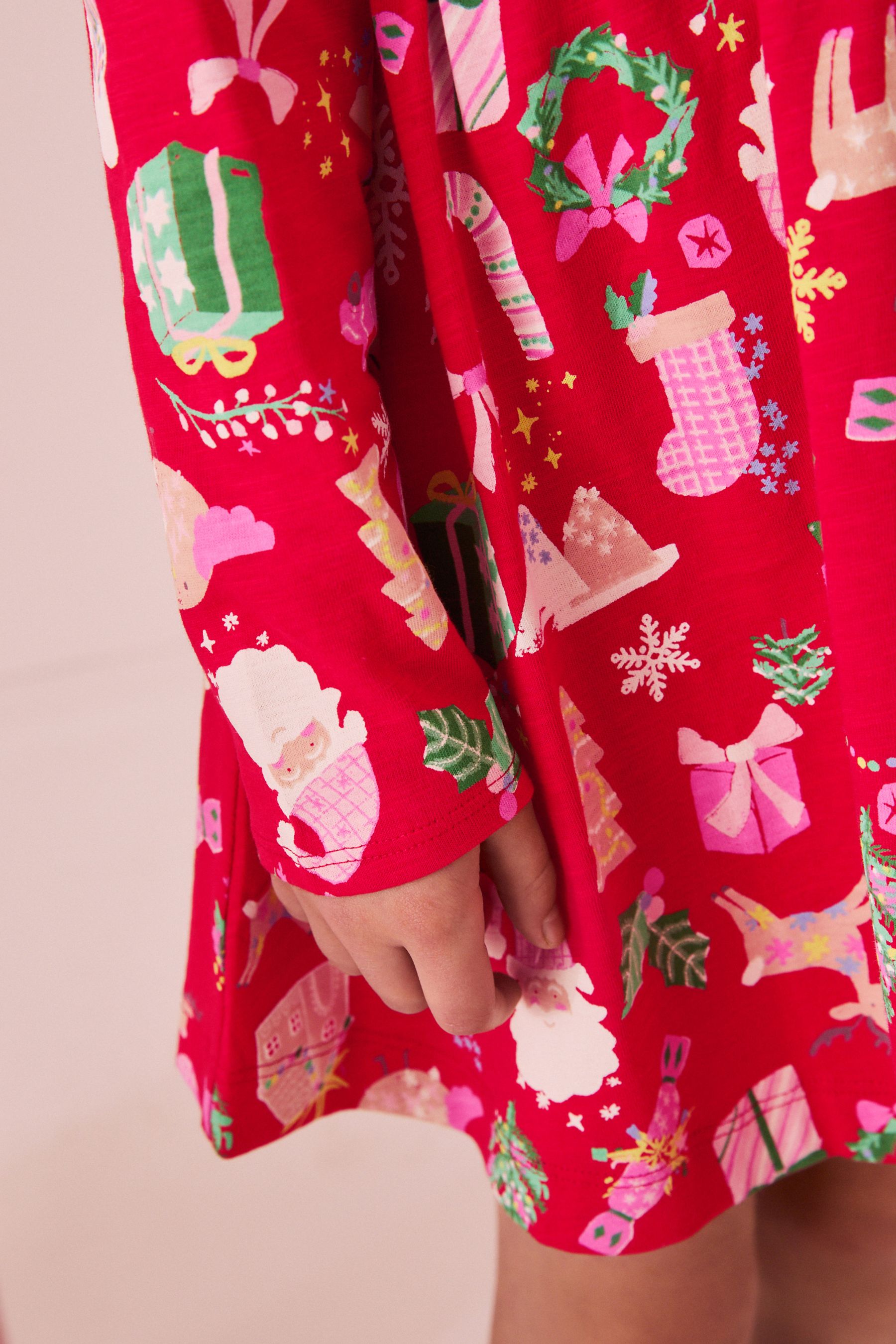 Buy Red Christmas Print Long Sleeve 100 Cotton Jersey Dress 3 16yrs from the Next UK online shop