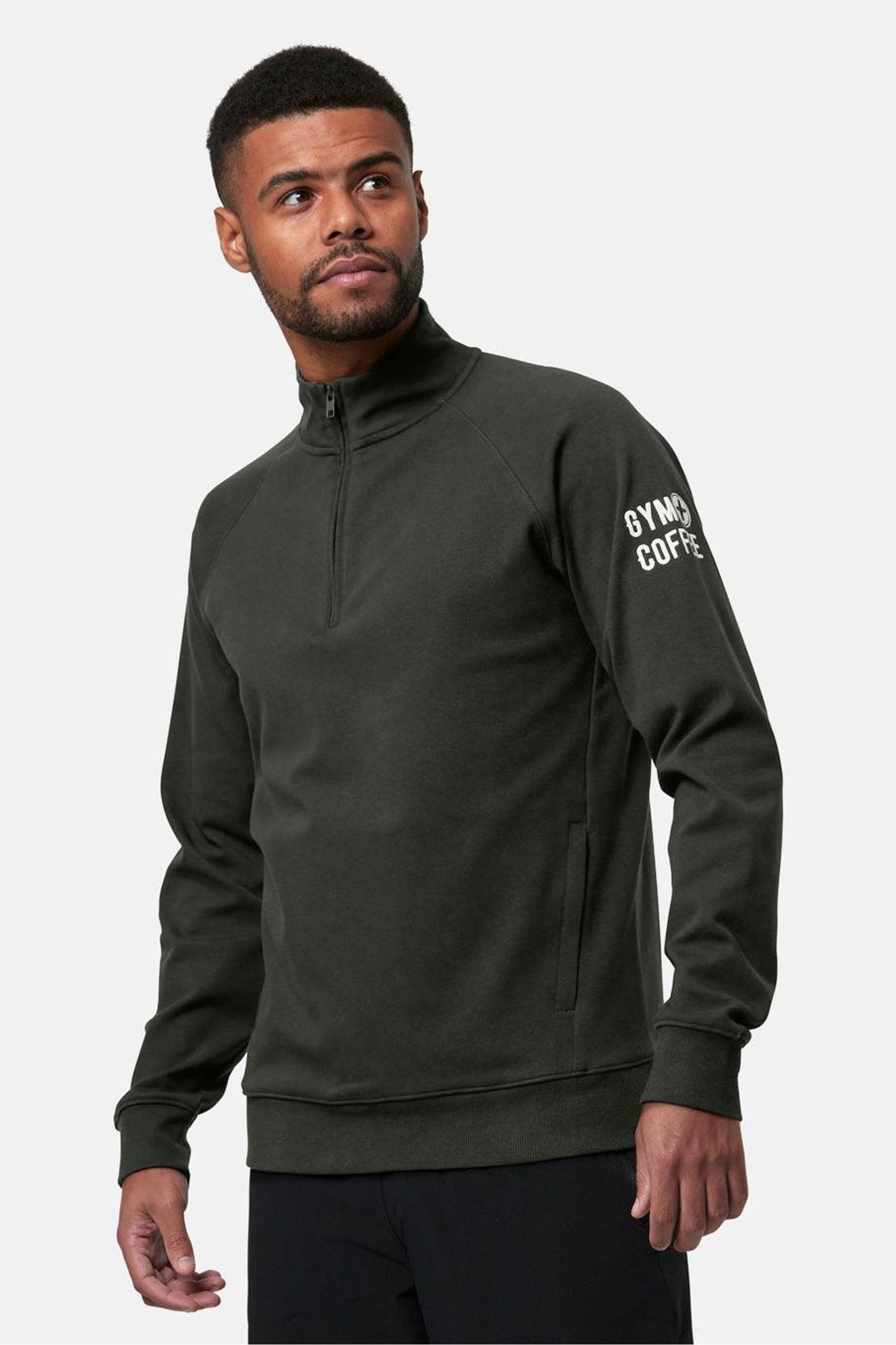 Gym Coffee Khaki Green Mens Chill Quarter Zip Sweatshirt