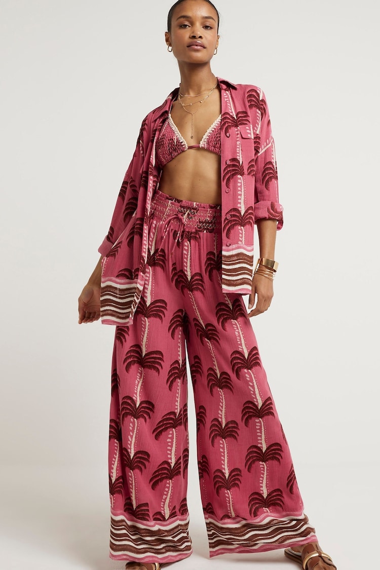 River Island Pink Palm Print Beach Trousers - Image 1 of 5