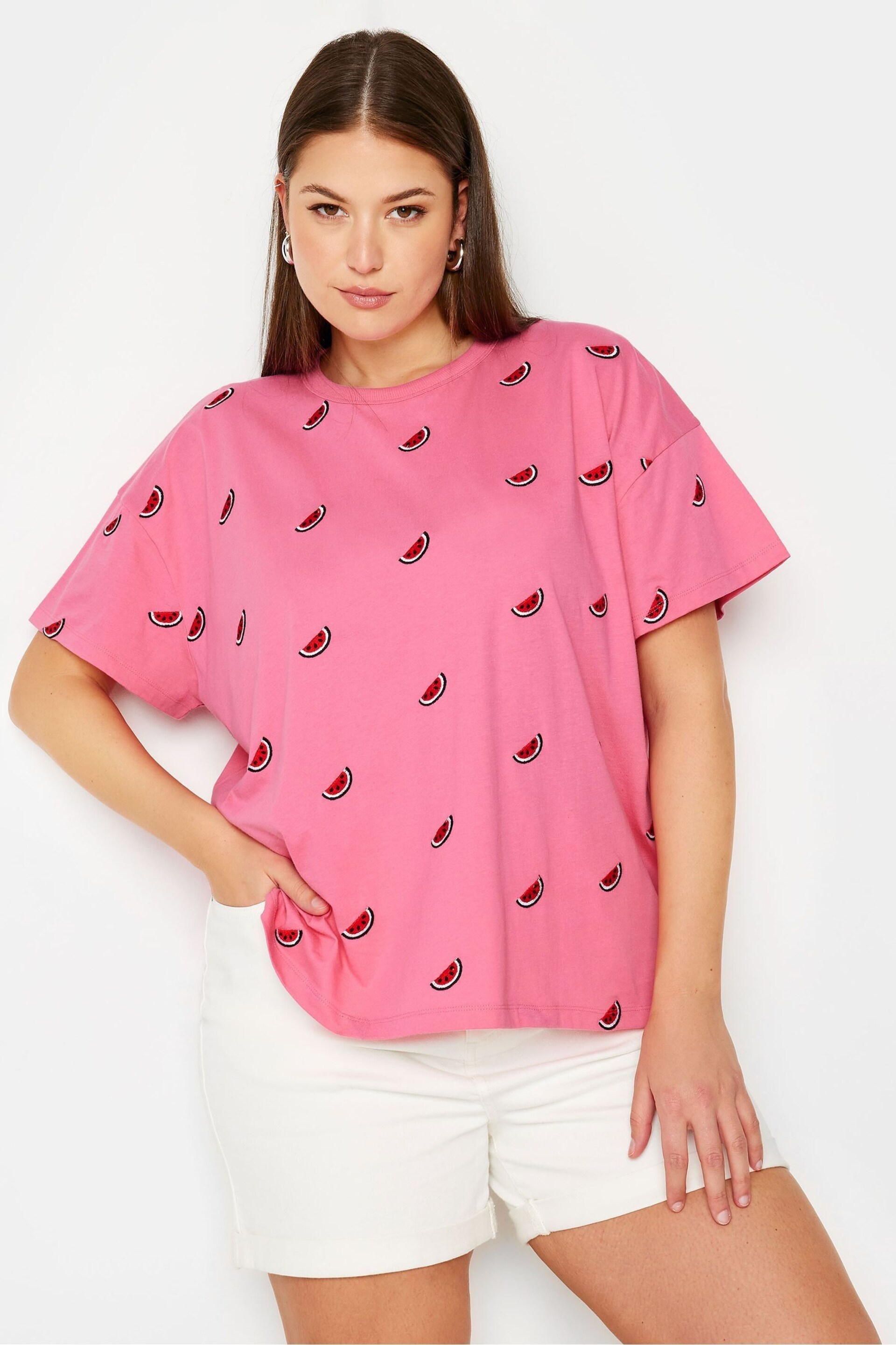 Yours Curve Pink LIMITED COLLECTIONEmbroidered Watermelon T-Shirt - Image 1 of 5
